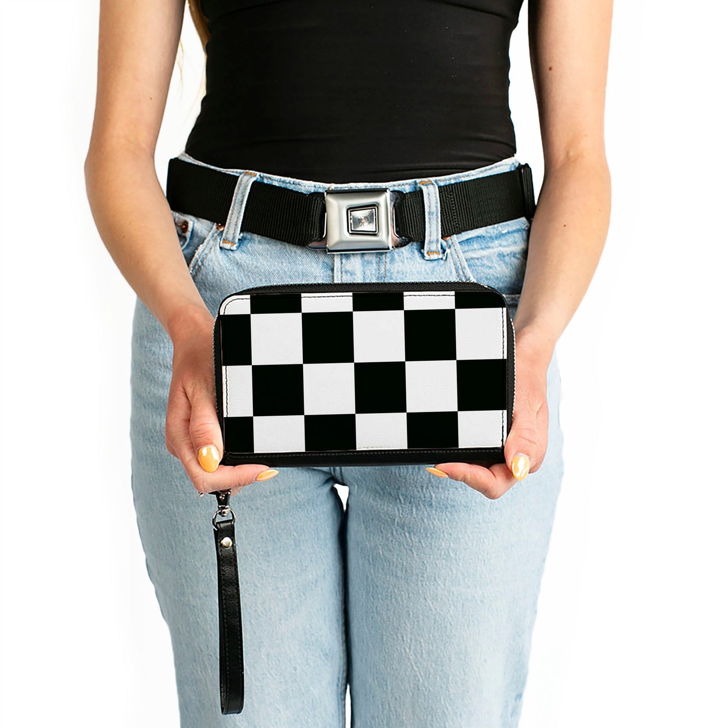 Women's PU Zip Around Wallet Rectangle - Checker CLOSE-UP Black White
