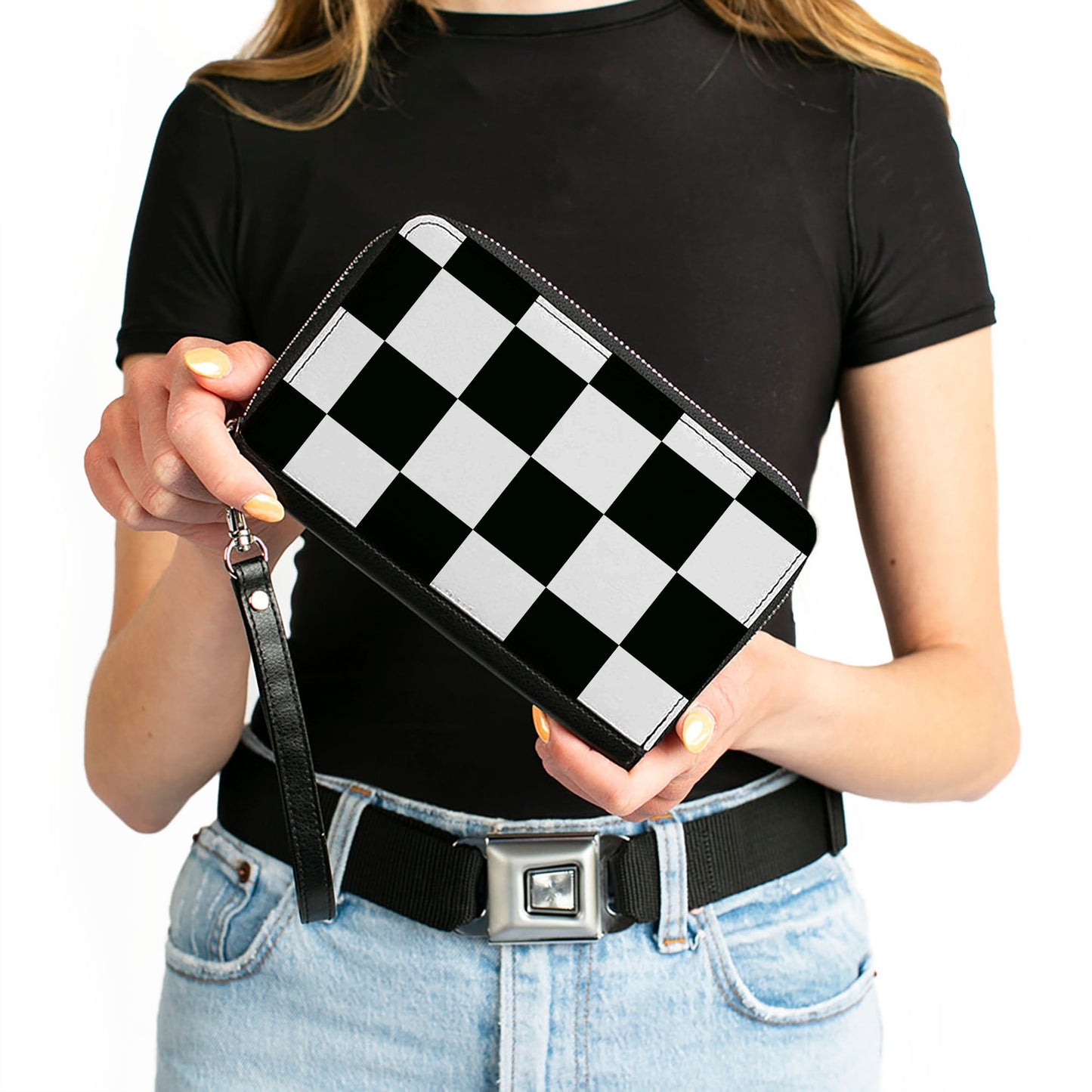 Women's PU Zip Around Wallet Rectangle - Checker CLOSE-UP Black White