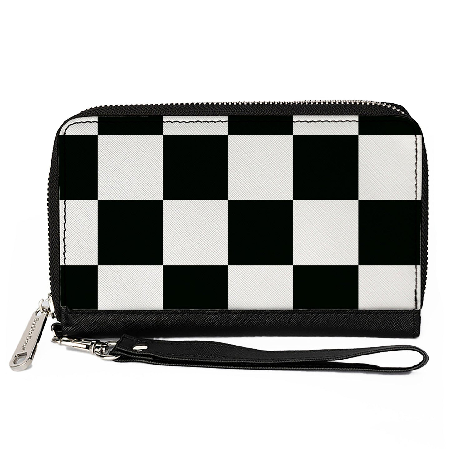 Women's PU Zip Around Wallet Rectangle - Checker CLOSE-UP Black White