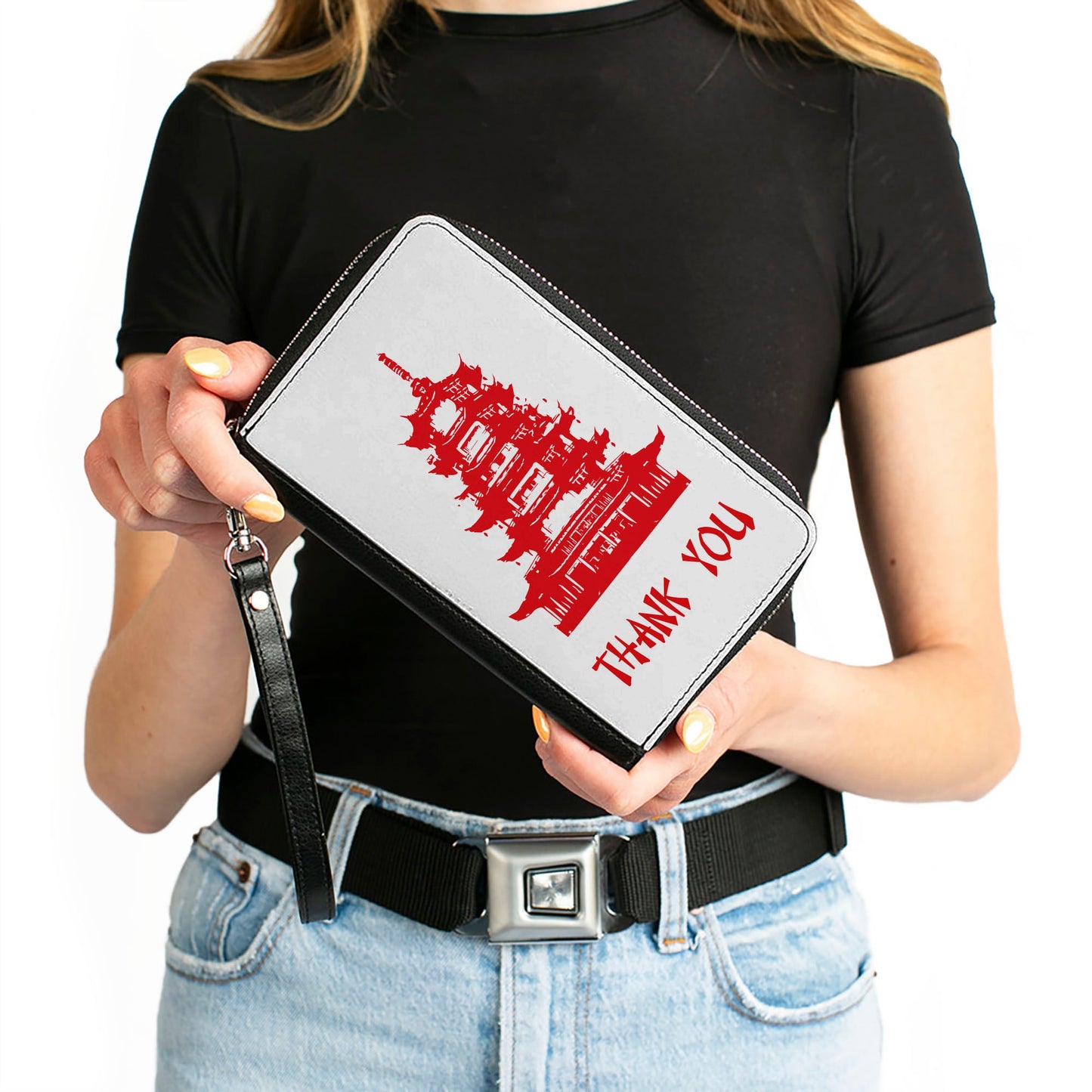 Women's PU Zip Around Wallet Rectangle - Chinese Take Out THANK YOU White Red