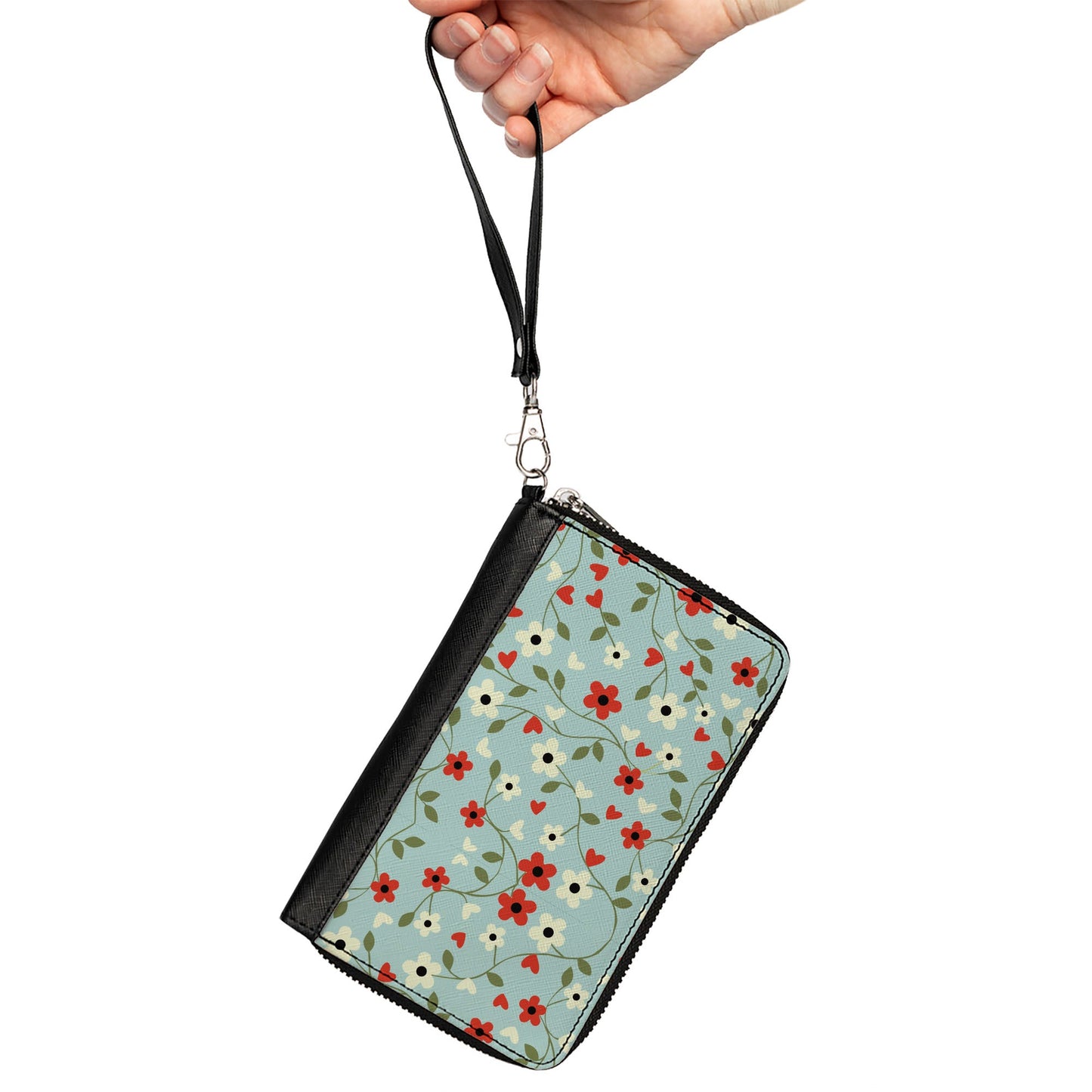 Women's PU Zip Around Wallet Rectangle - Ditsy Floral Chain Baby Blue Red White Green