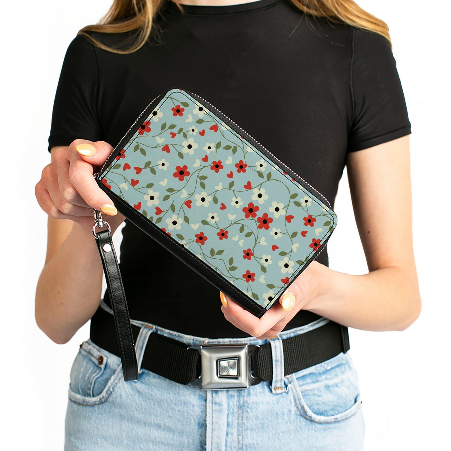 Women's PU Zip Around Wallet Rectangle - Ditsy Floral Chain Baby Blue Red White Green