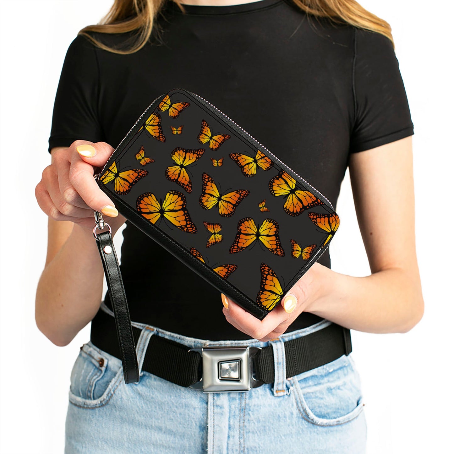 Women's PU Zip Around Wallet Rectangle - Monarch Butterflies Scattered Gray