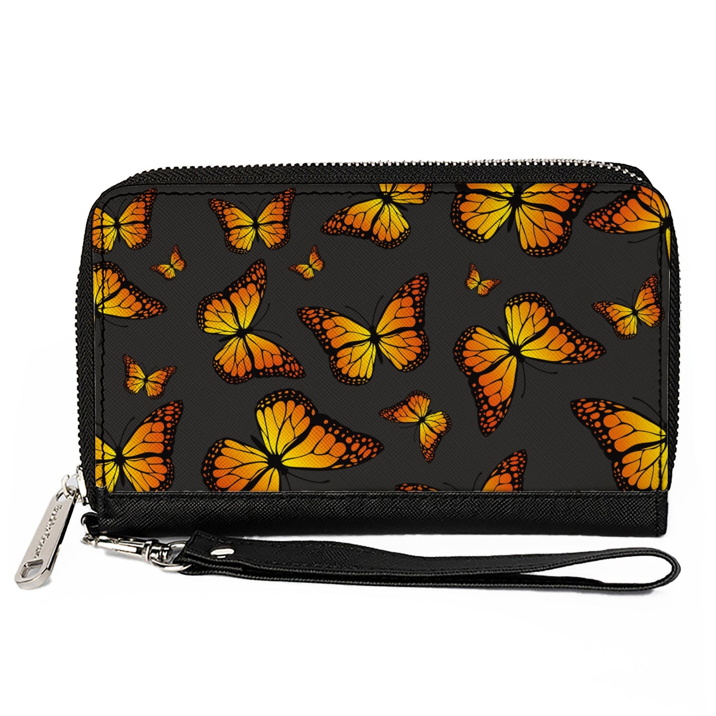 Women's PU Zip Around Wallet Rectangle - Monarch Butterflies Scattered Gray