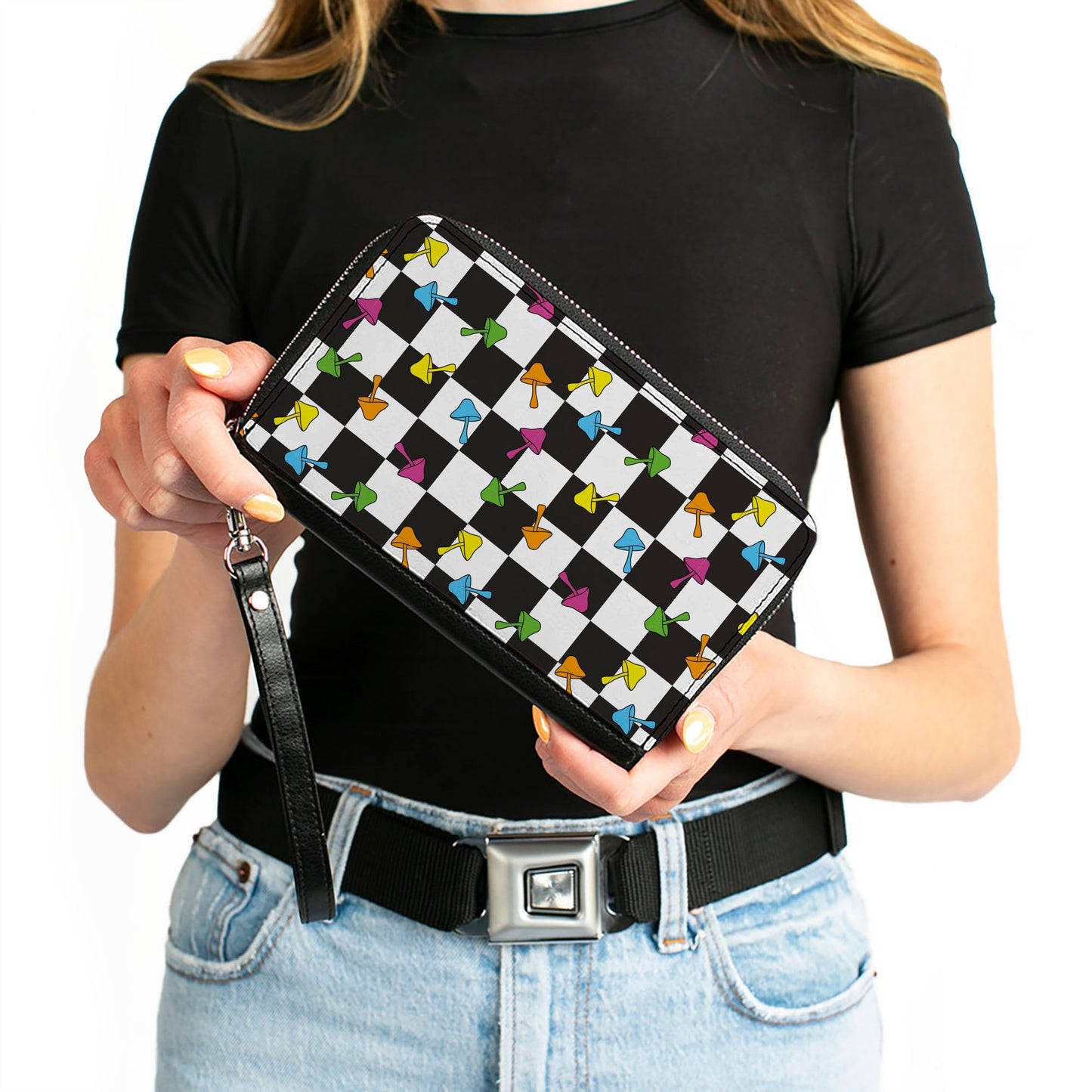 PU Zip Around Wallet Rectangle - Mushrooms Scattered2 Checker Black White Multi Neon