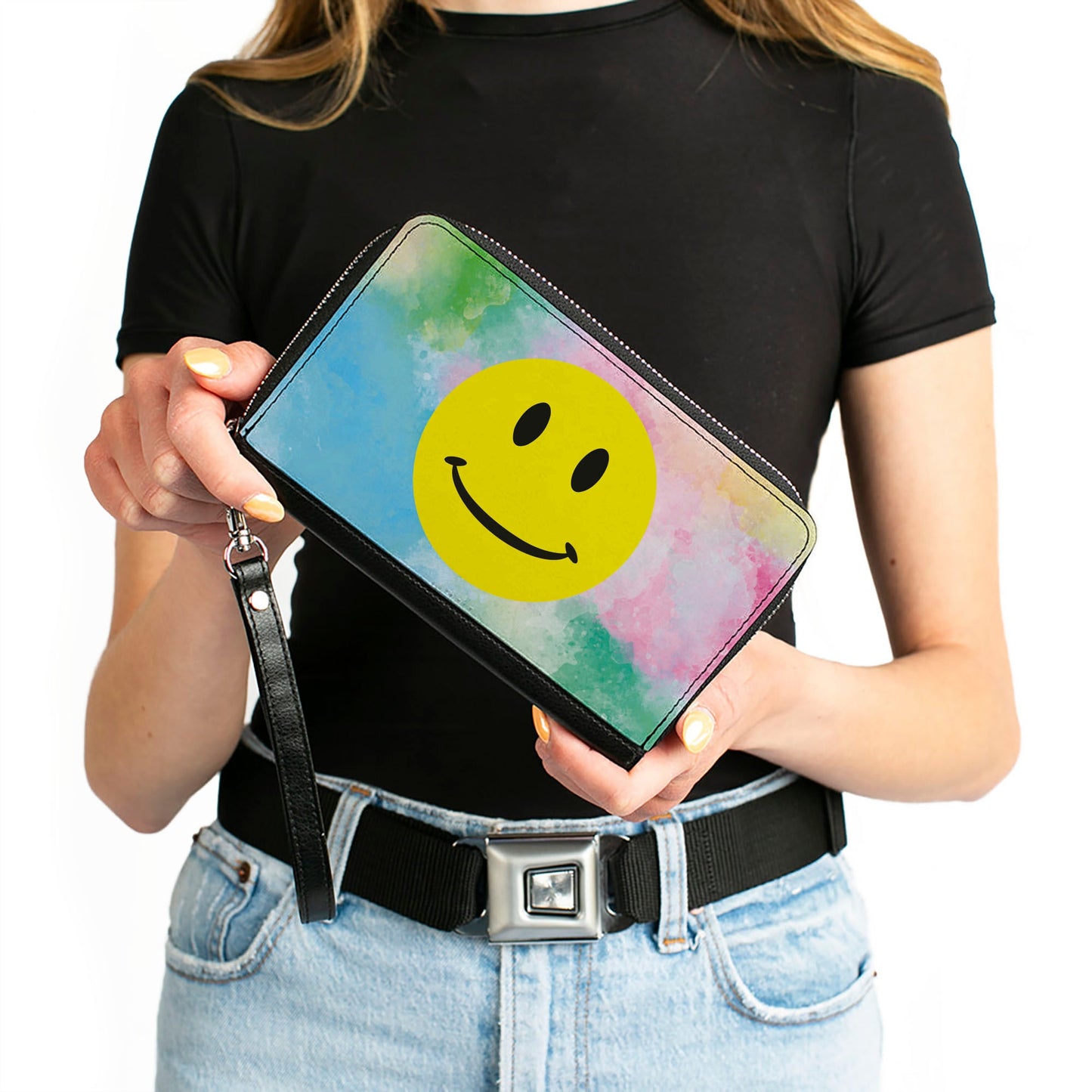 Women's PU Zip Around Wallet Rectangle - Smiley Face Tie Dye Blues Greens Pinks Yellows