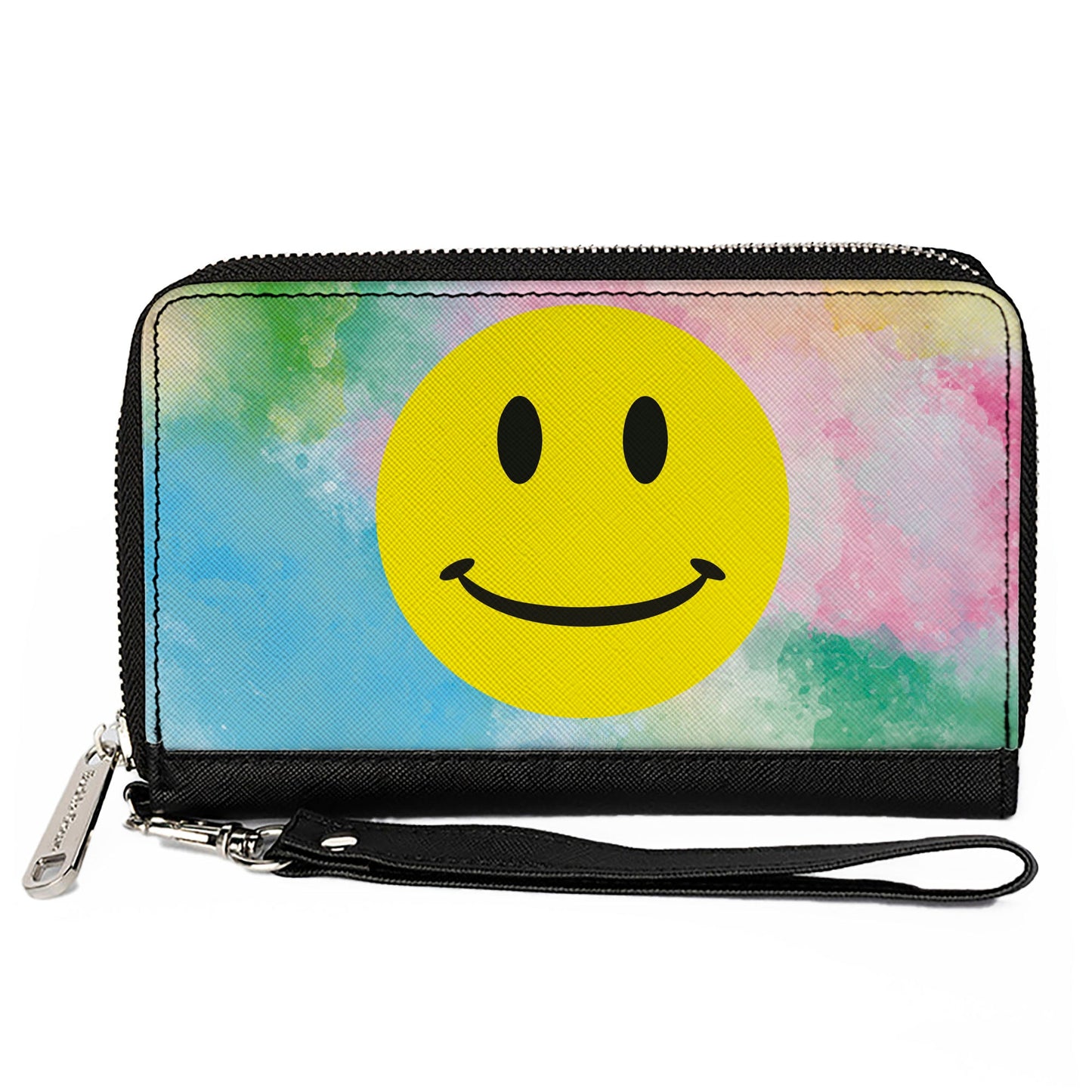 Women's PU Zip Around Wallet Rectangle - Smiley Face Tie Dye Blues Greens Pinks Yellows