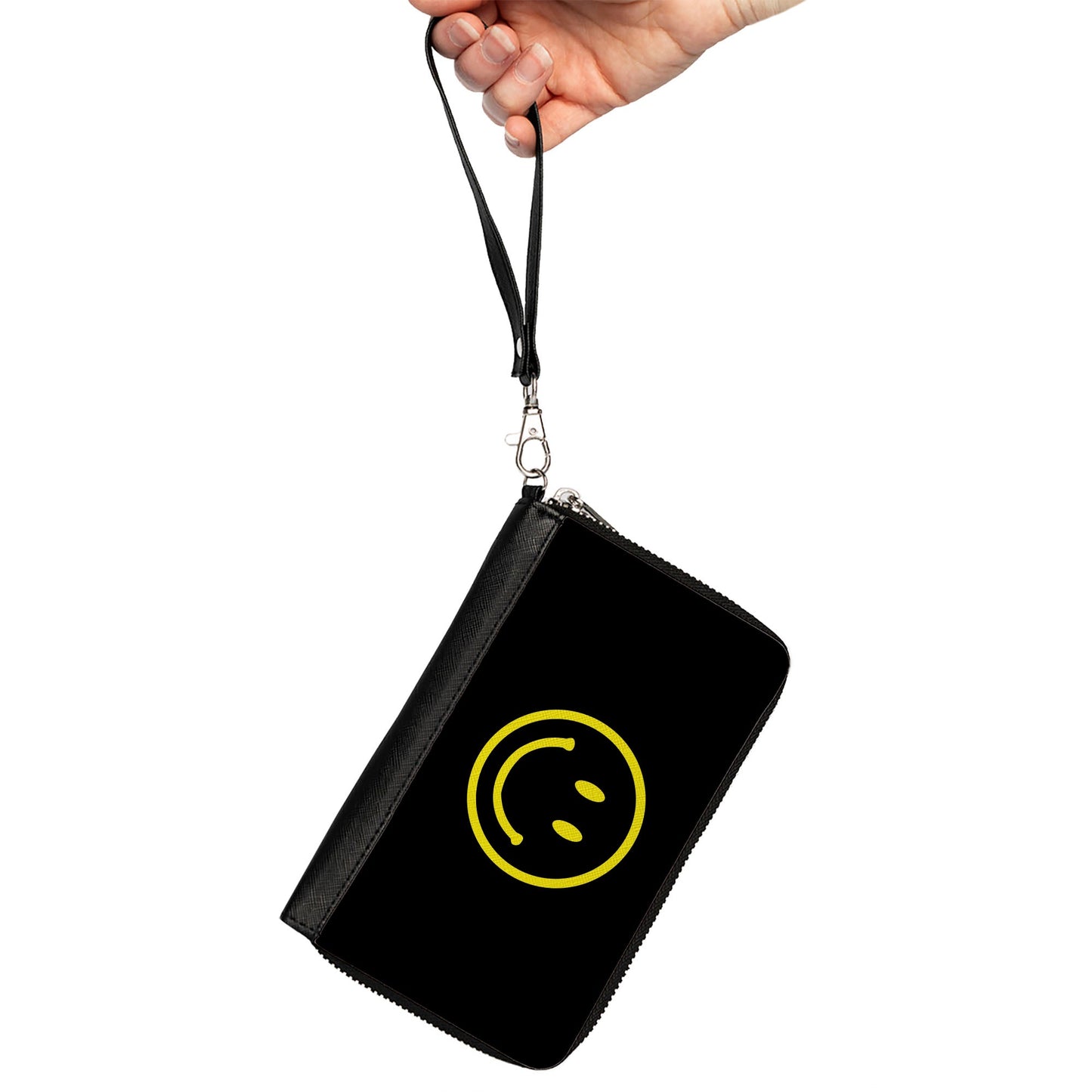 PU Zip Around Wallet Rectangle - Smiley Face Black/Yellow