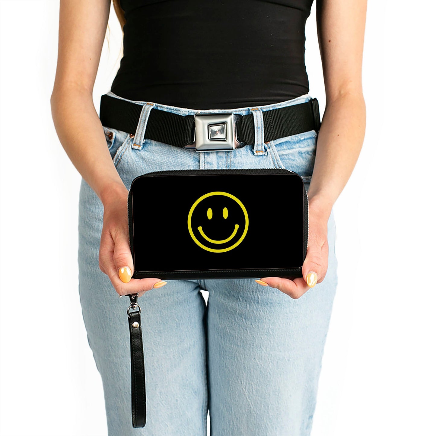PU Zip Around Wallet Rectangle - Smiley Face Black/Yellow