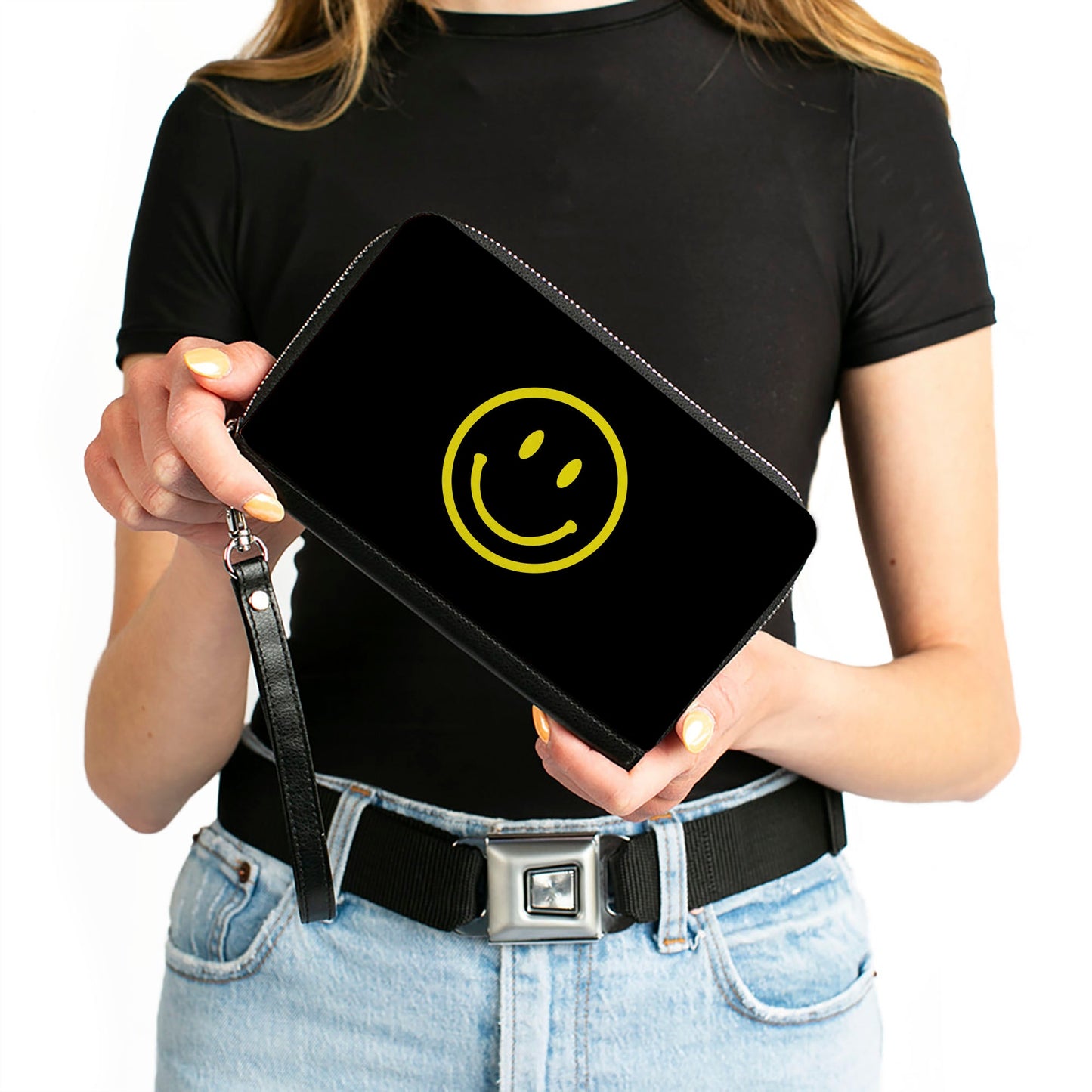 PU Zip Around Wallet Rectangle - Smiley Face Black/Yellow