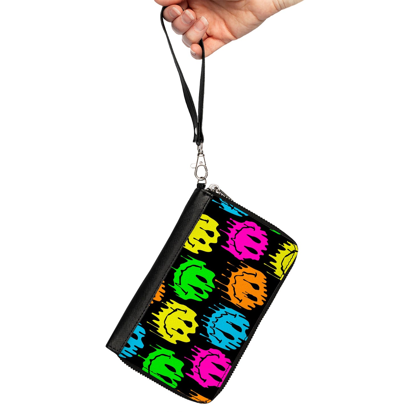PU Zip Around Wallet Rectangle - Smiley Face Melted Repeat Black Multi Neon