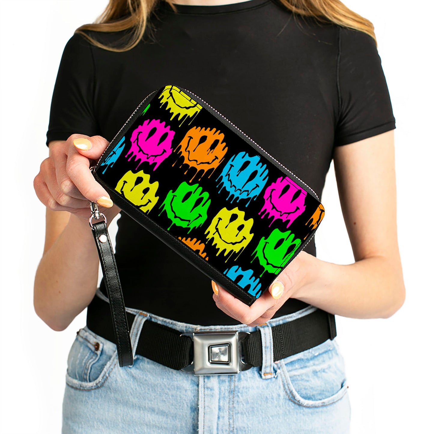 PU Zip Around Wallet Rectangle - Smiley Face Melted Repeat Black Multi Neon
