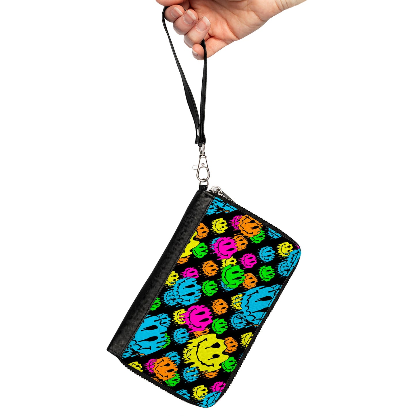 PU Zip Around Wallet Rectangle - Smiley Faces Melted Stacked Black Multi Neon