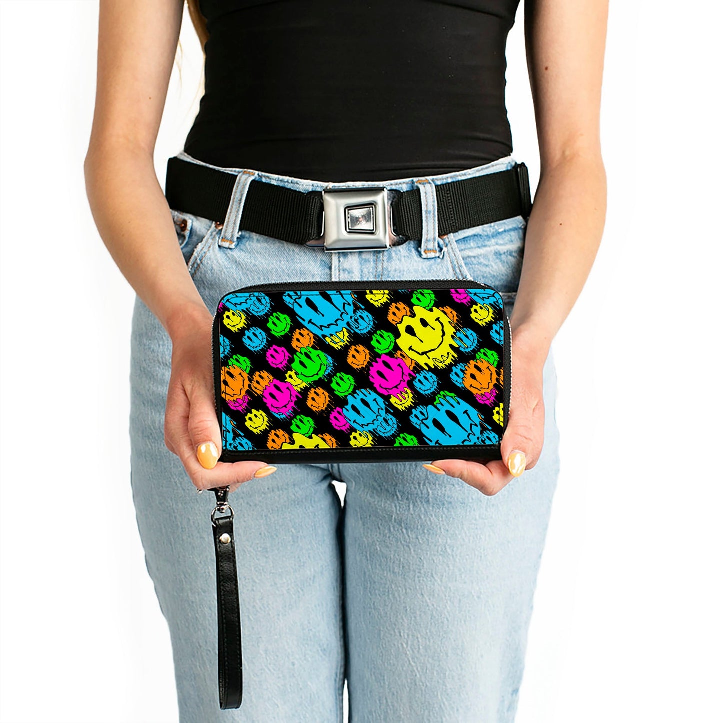 PU Zip Around Wallet Rectangle - Smiley Faces Melted Stacked Black Multi Neon