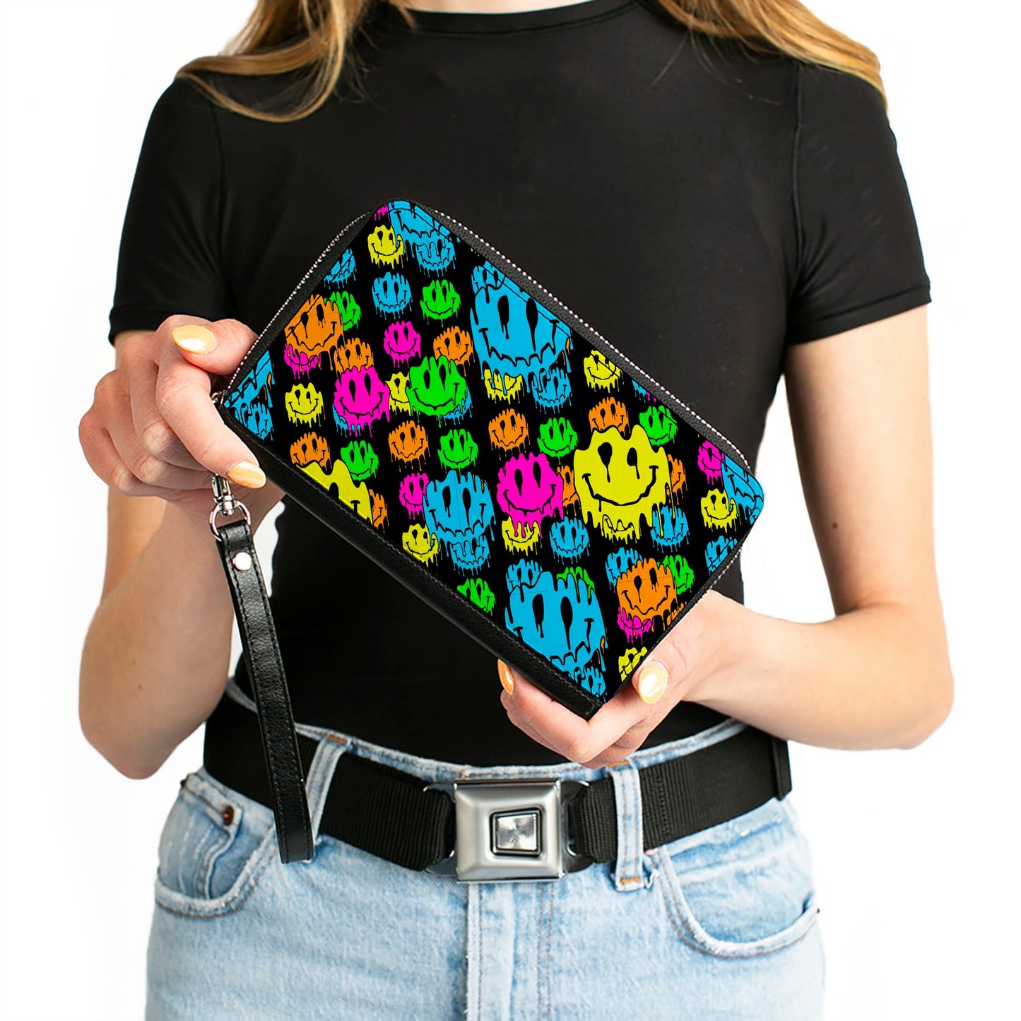 PU Zip Around Wallet Rectangle - Smiley Faces Melted Stacked Black Multi Neon