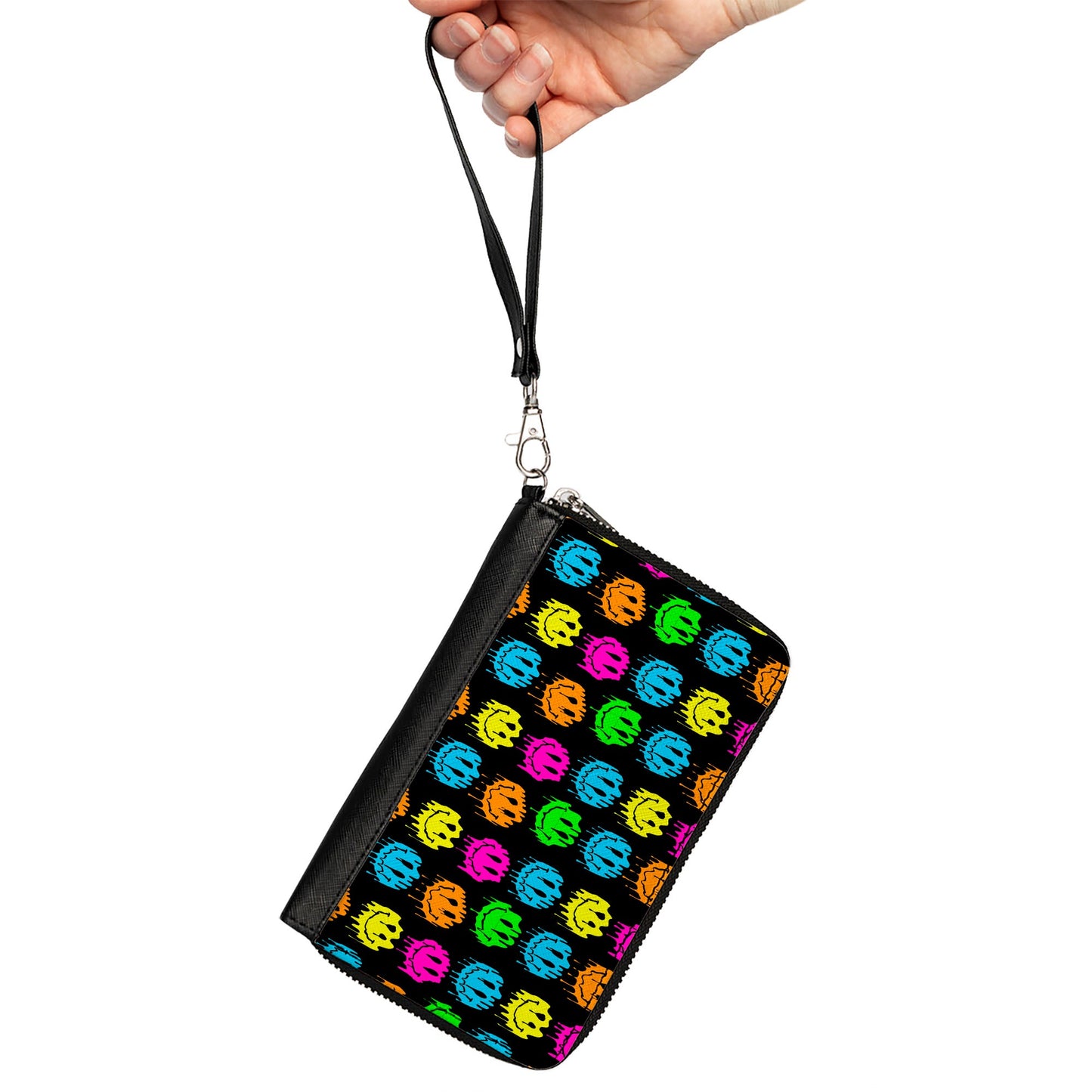 PU Zip Around Wallet Rectangle - Smiley Faces Melted Mini Repeat Black Multi Neon