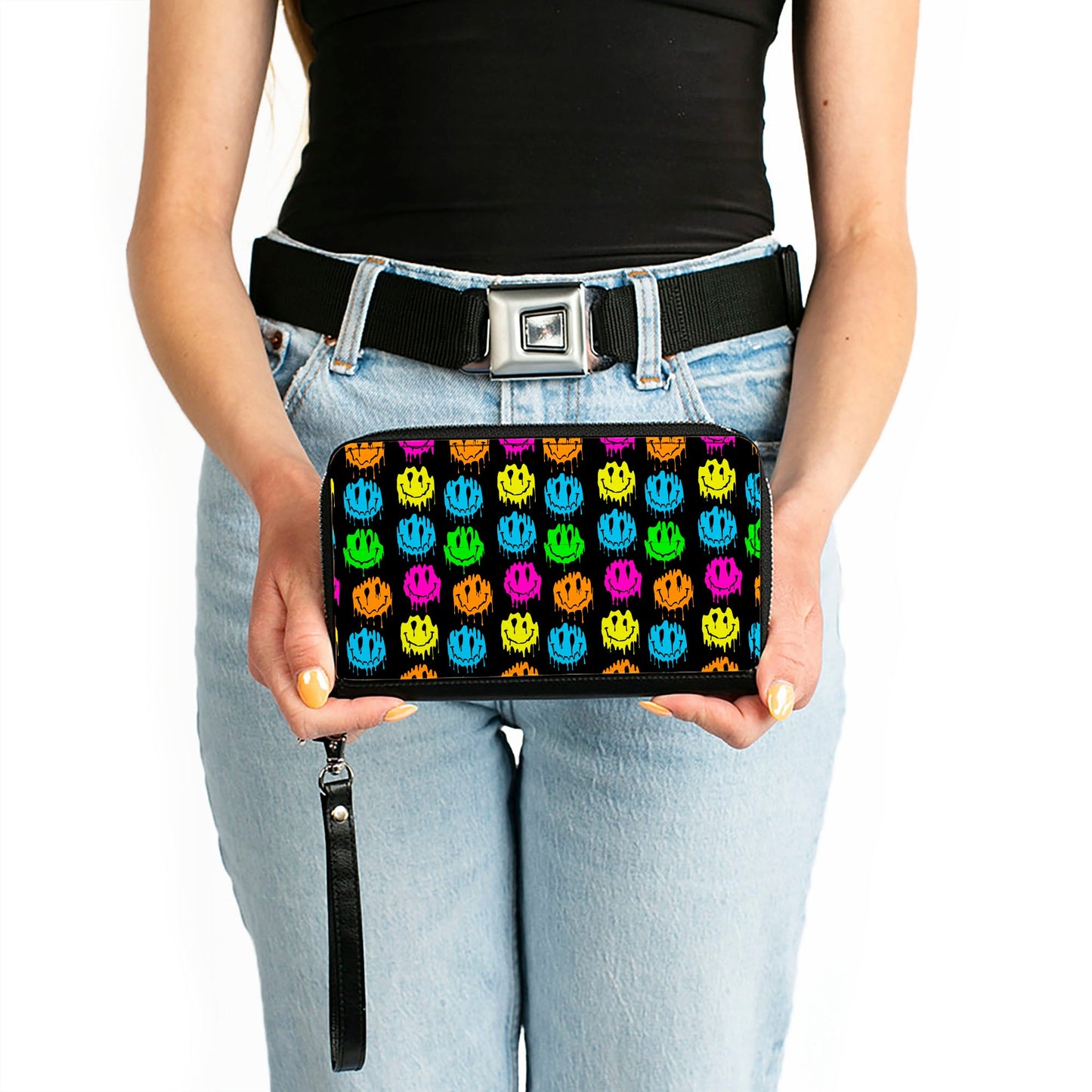 PU Zip Around Wallet Rectangle - Smiley Faces Melted Mini Repeat Black Multi Neon