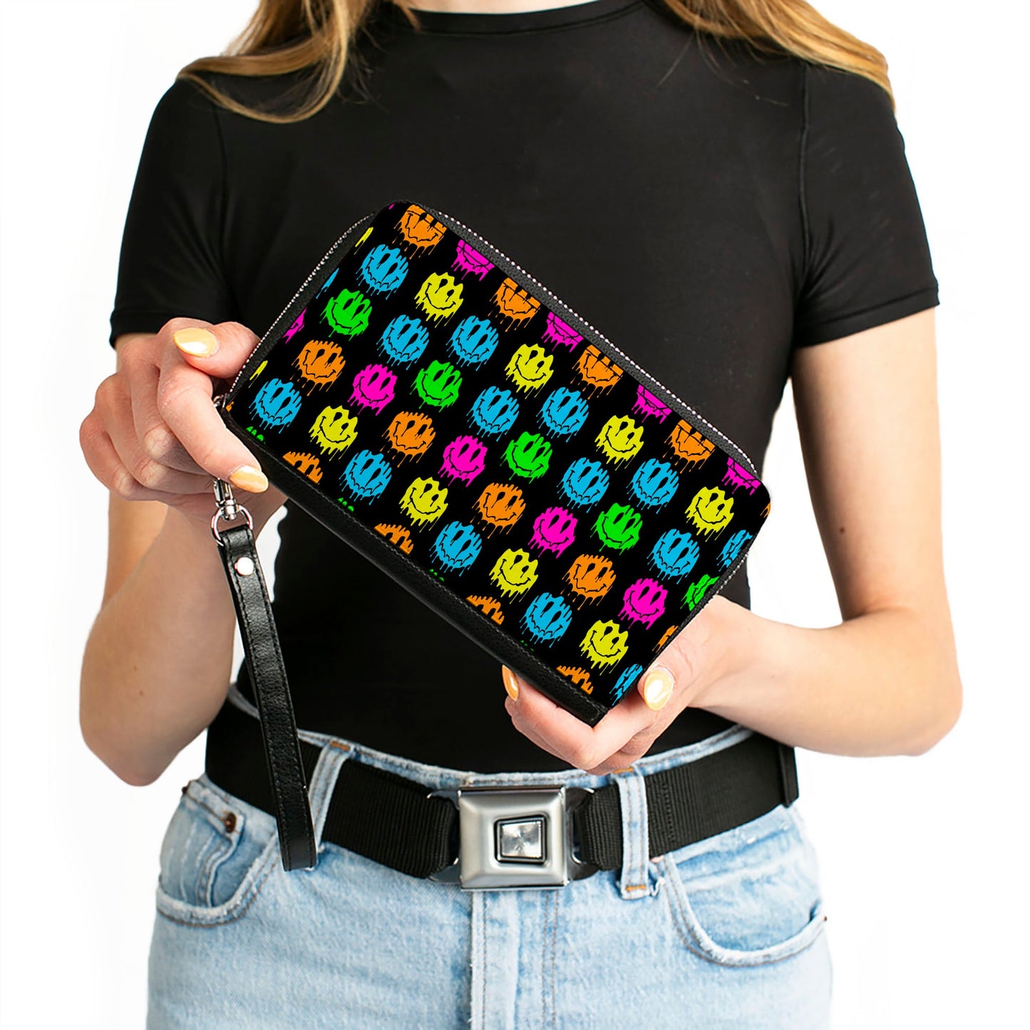 PU Zip Around Wallet Rectangle - Smiley Faces Melted Mini Repeat Black Multi Neon