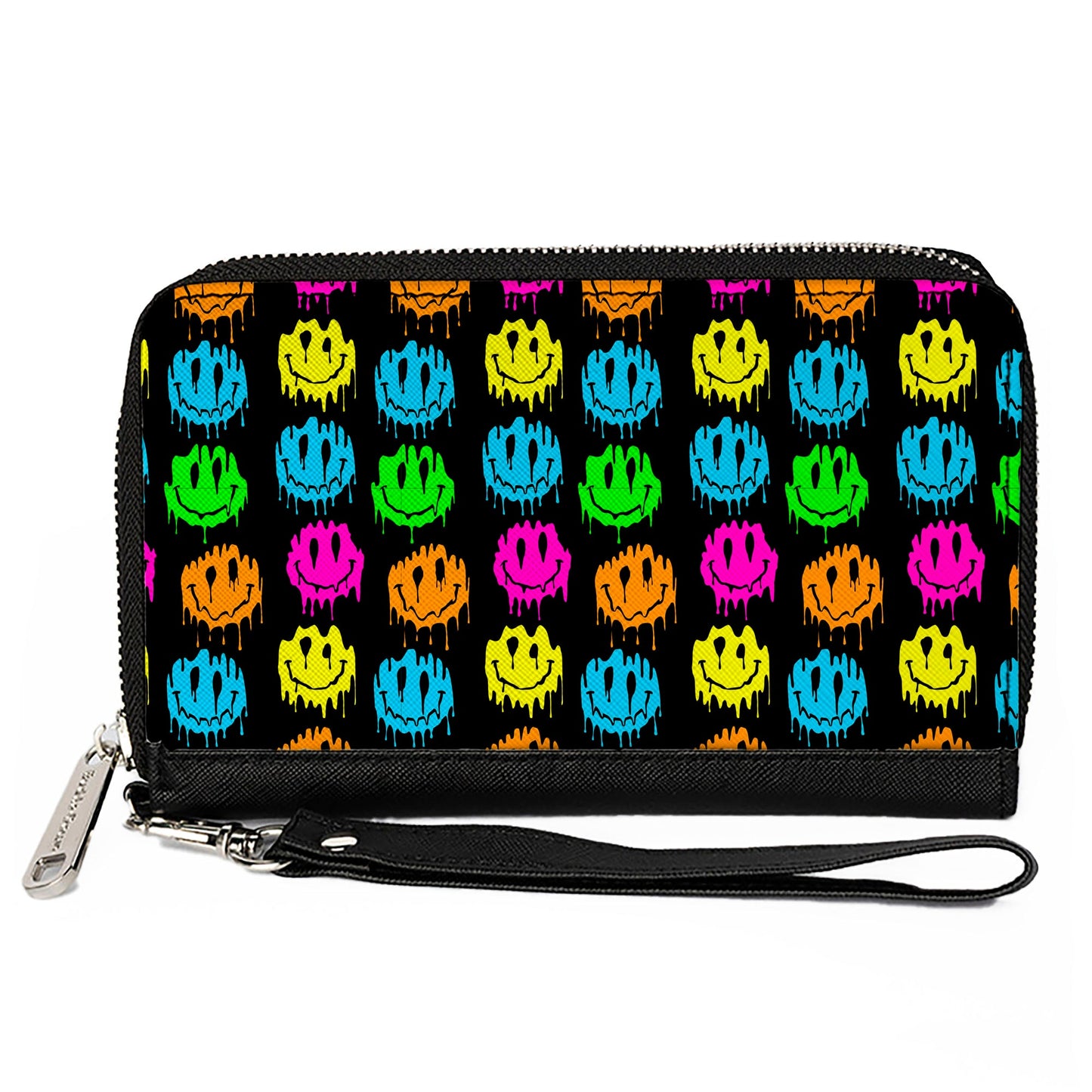 PU Zip Around Wallet Rectangle - Smiley Faces Melted Mini Repeat Black Multi Neon