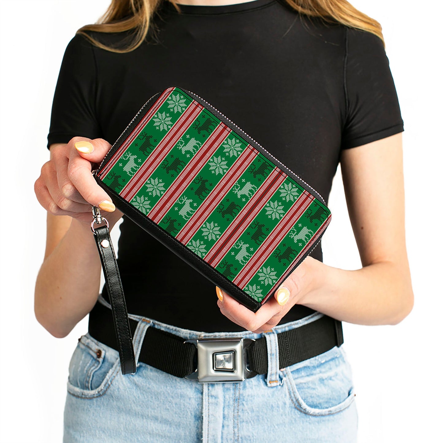 Women's PU Zip Around Wallet Rectangle - Ugly Christmas Sweater Stitch Moose Snowflakes Reds Greens