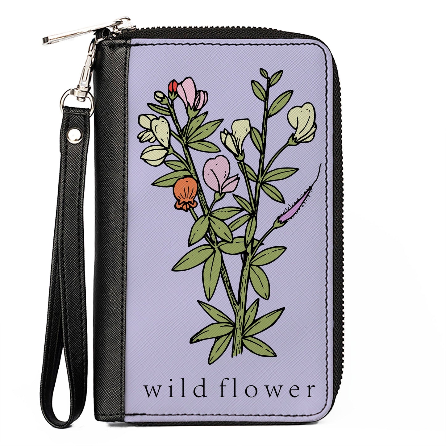 Women's PU Zip Around Wallet Rectangle - WILD FLOWER Floral Bouquet Lavender