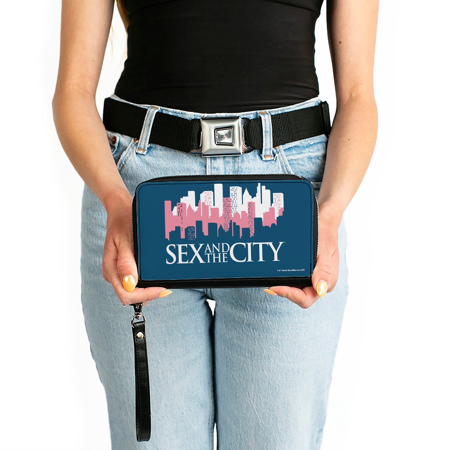 PU Zip Around Wallet Rectangle - SEX AND THE CITY Skyline Title Logo Blue/White/Pink