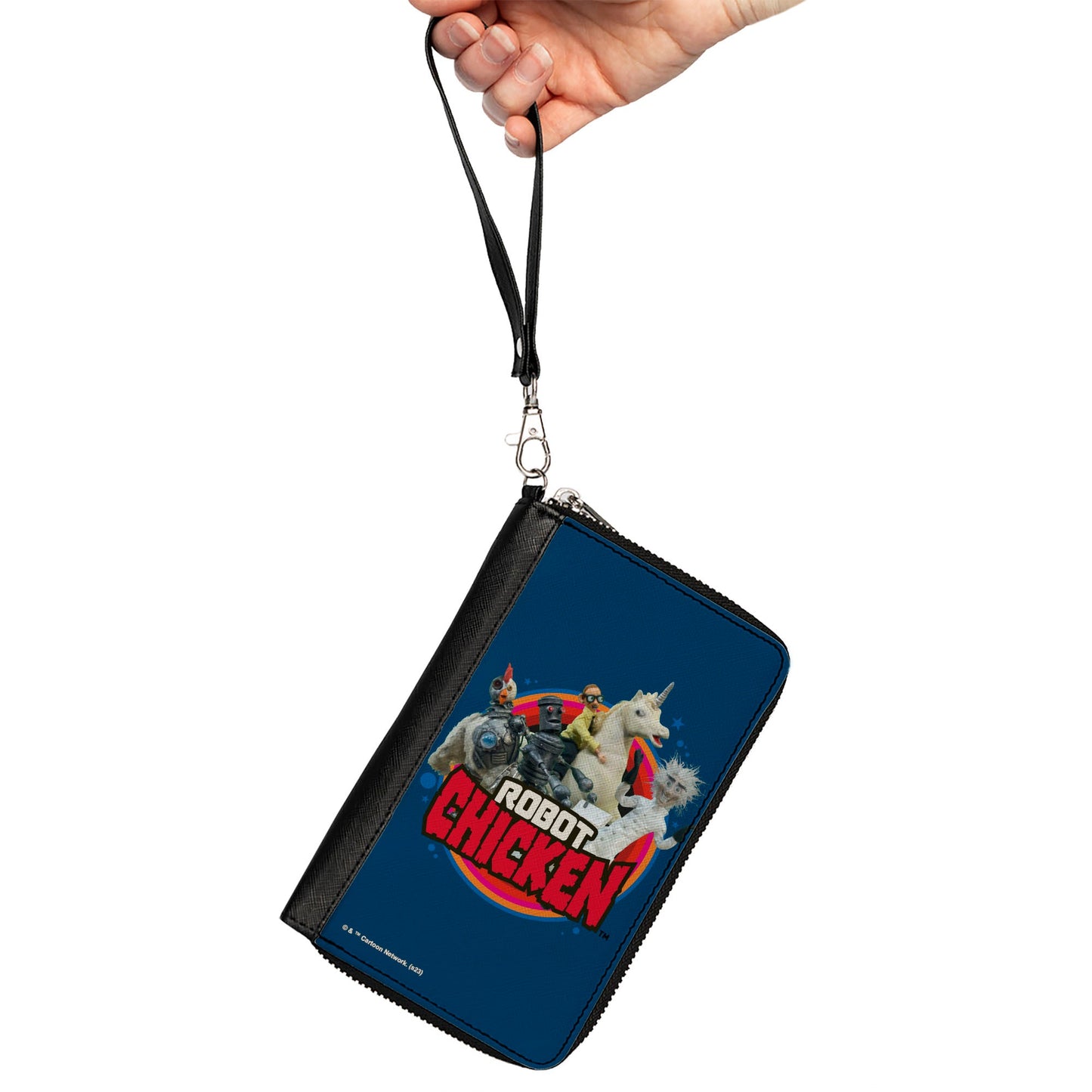 PU Zip Around Wallet Rectangle - ROBOT CHICKEN Title Logo and Group Pose Blue