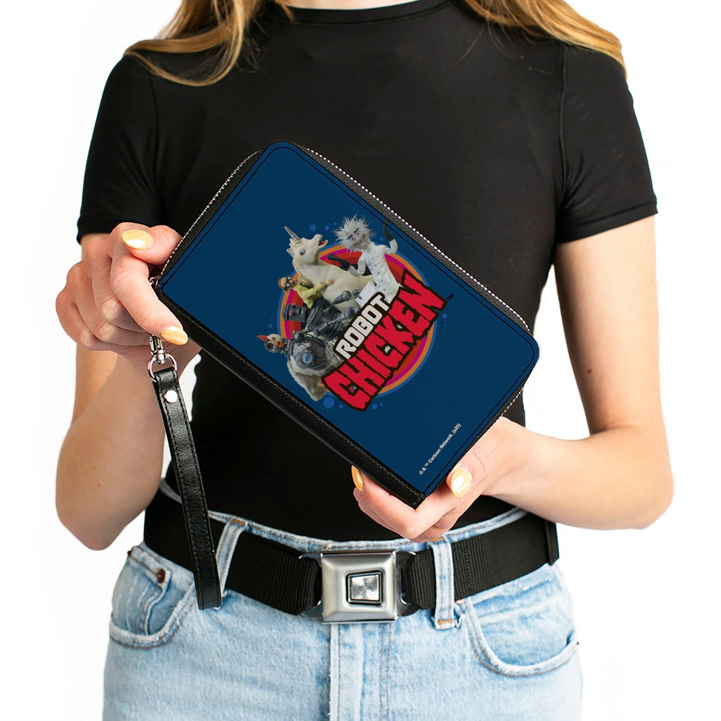 PU Zip Around Wallet Rectangle - ROBOT CHICKEN Title Logo and Group Pose Blue