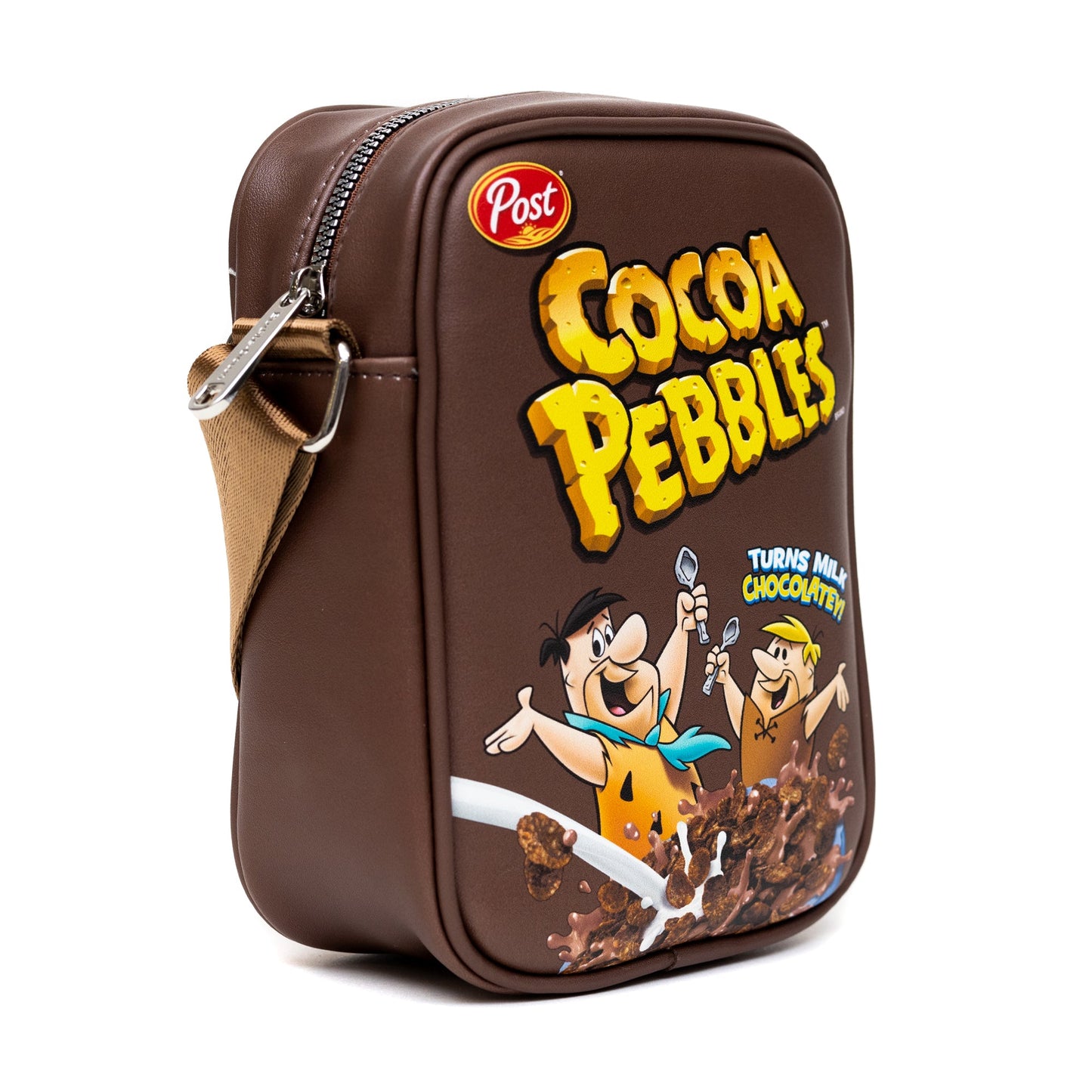 The Flintstones Bag, Crossbody, Cocoa Pebbles Fred and Barney Cereal Box Replica, Brown, Vegan Leather