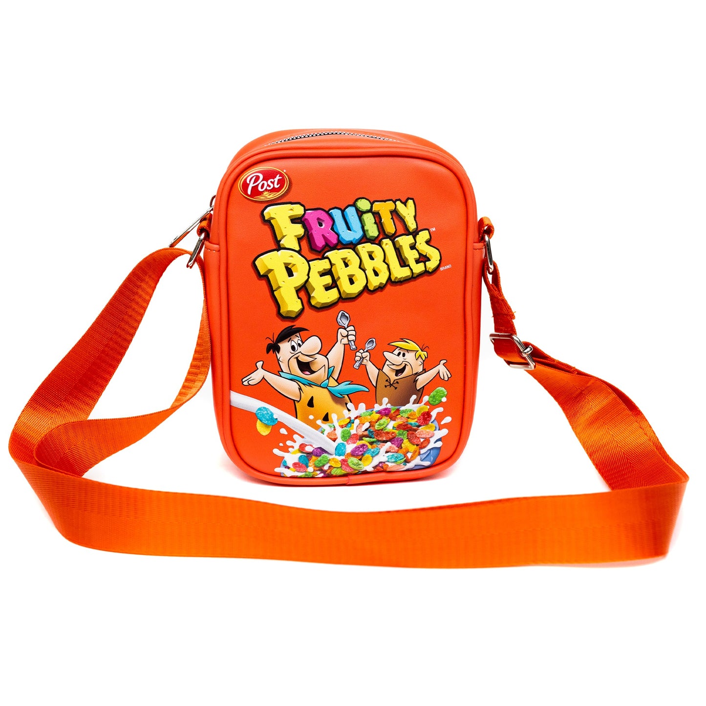 The Flintstones Bag, Crossbody, Fruity Pebbles Fred and Barney Cereal Box Replica, Bright Red, Vegan Leather