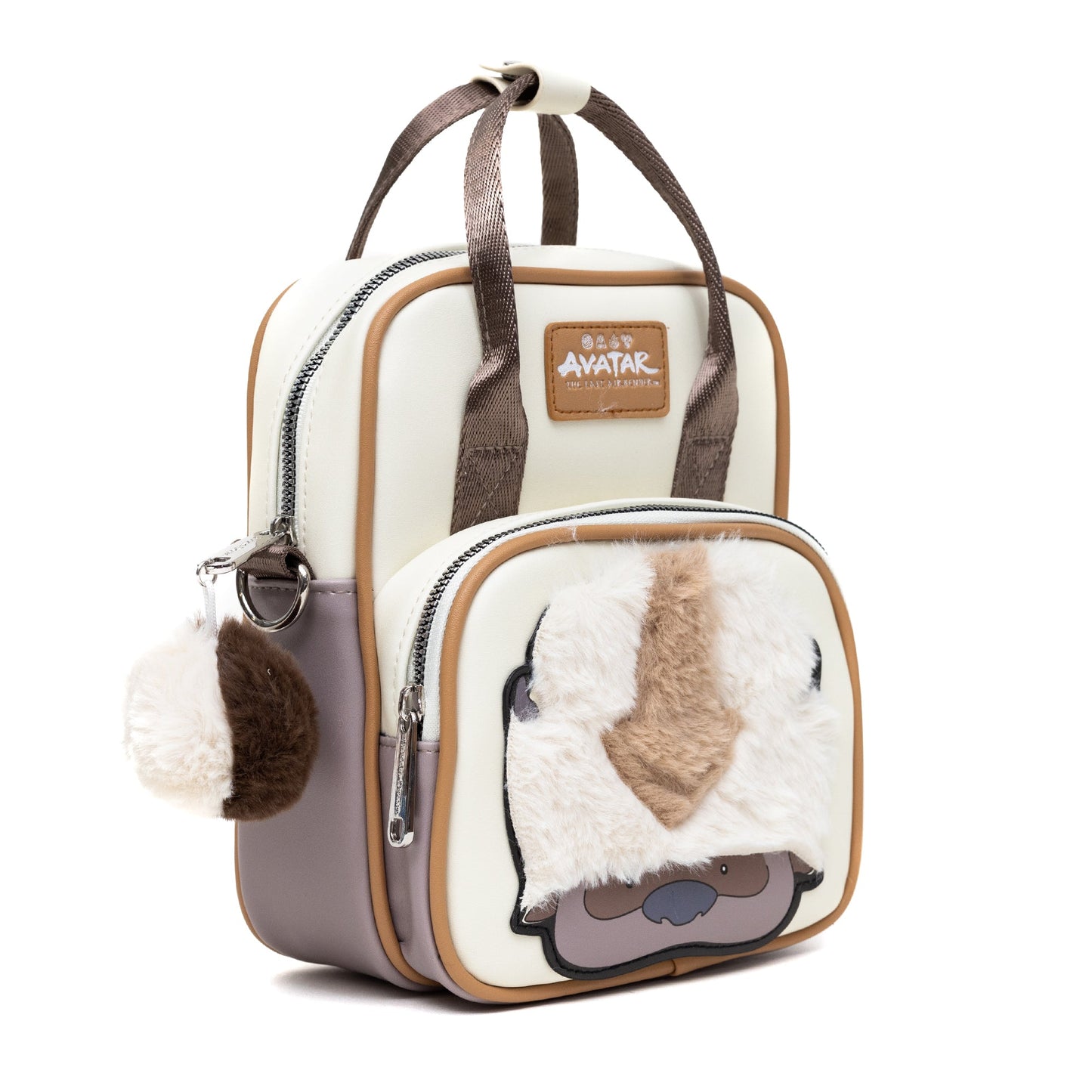 Nickelodeon Vegan Leather Crossbody Backpack for Men and Women with Adjustable Strap, Avatar Appa Furry Face and YIP! YIP! Text Debossed Tan