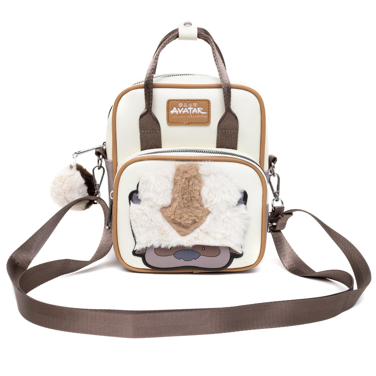 Nickelodeon Vegan Leather Crossbody Backpack for Men and Women with Adjustable Strap, Avatar Appa Furry Face and YIP! YIP! Text Debossed Tan