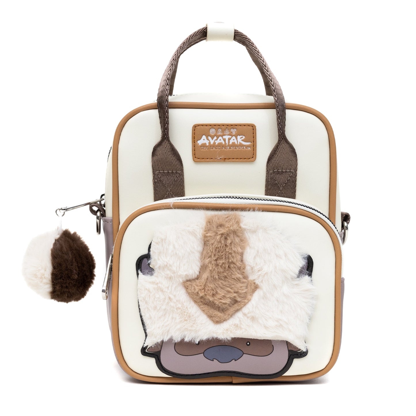Nickelodeon Vegan Leather Crossbody Backpack for Men and Women with Adjustable Strap, Avatar Appa Furry Face and YIP! YIP! Text Debossed Tan