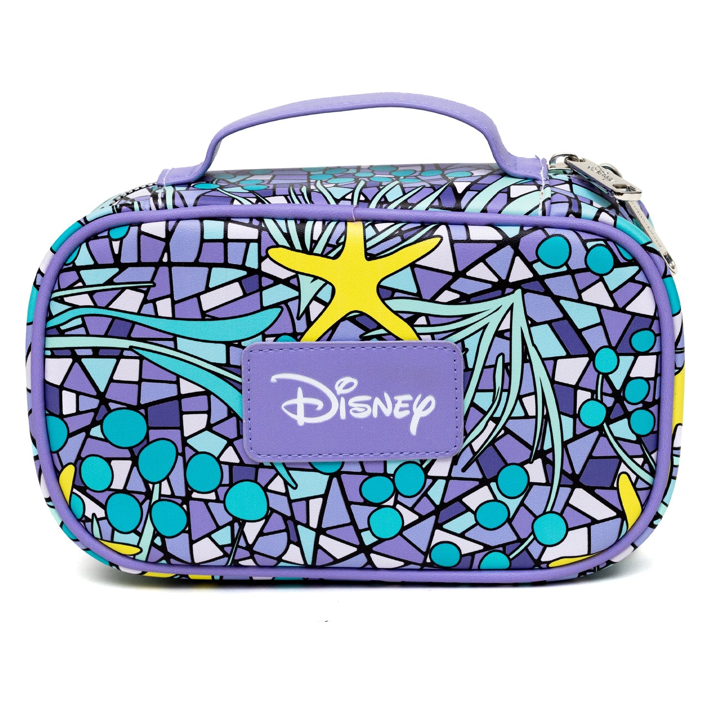 Disney Vegan Leather Travel Cosmetic Bag, Make-Up Bag for Women, The Little Mermaid Ariel Pose Applique Stained Glass Print