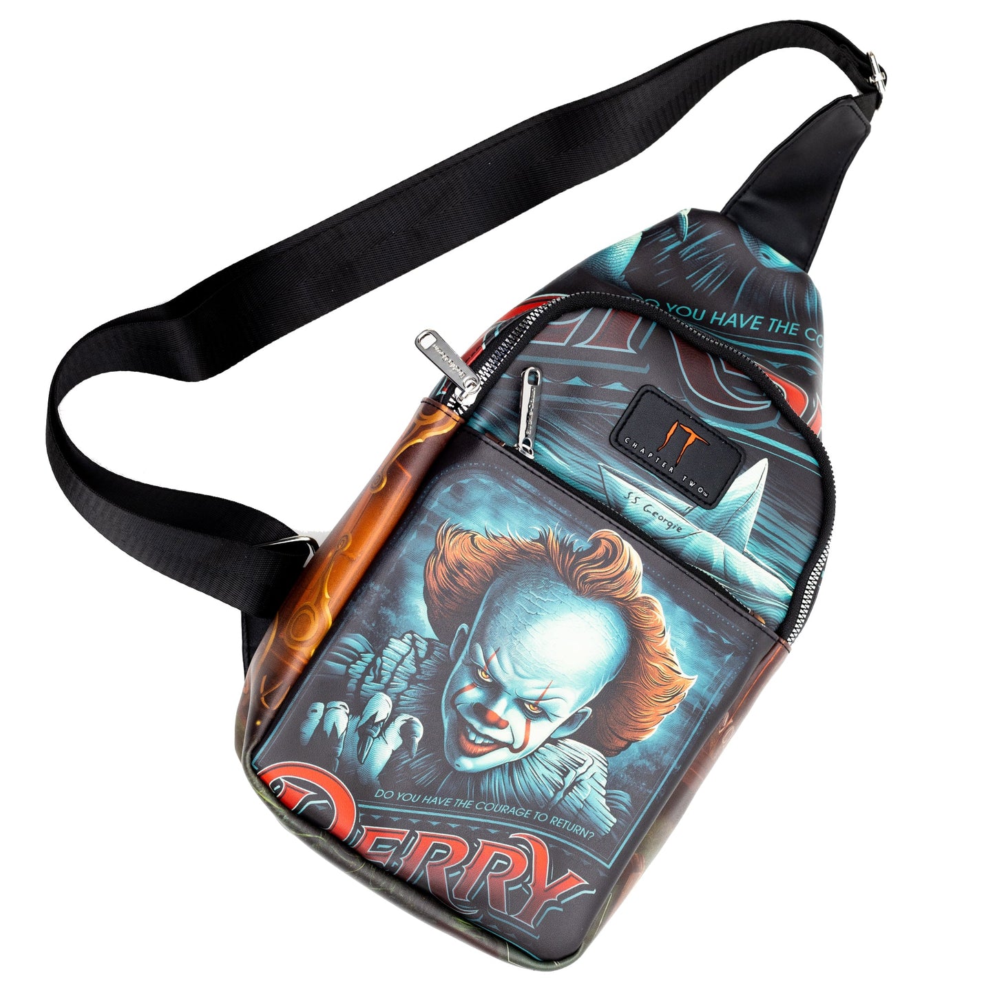 Warner Bros. Horror Movies Vegan Leather Crossbody Sling Bag, It Chapter Two Pennywise Derry Circus Pose, 7" x 14"