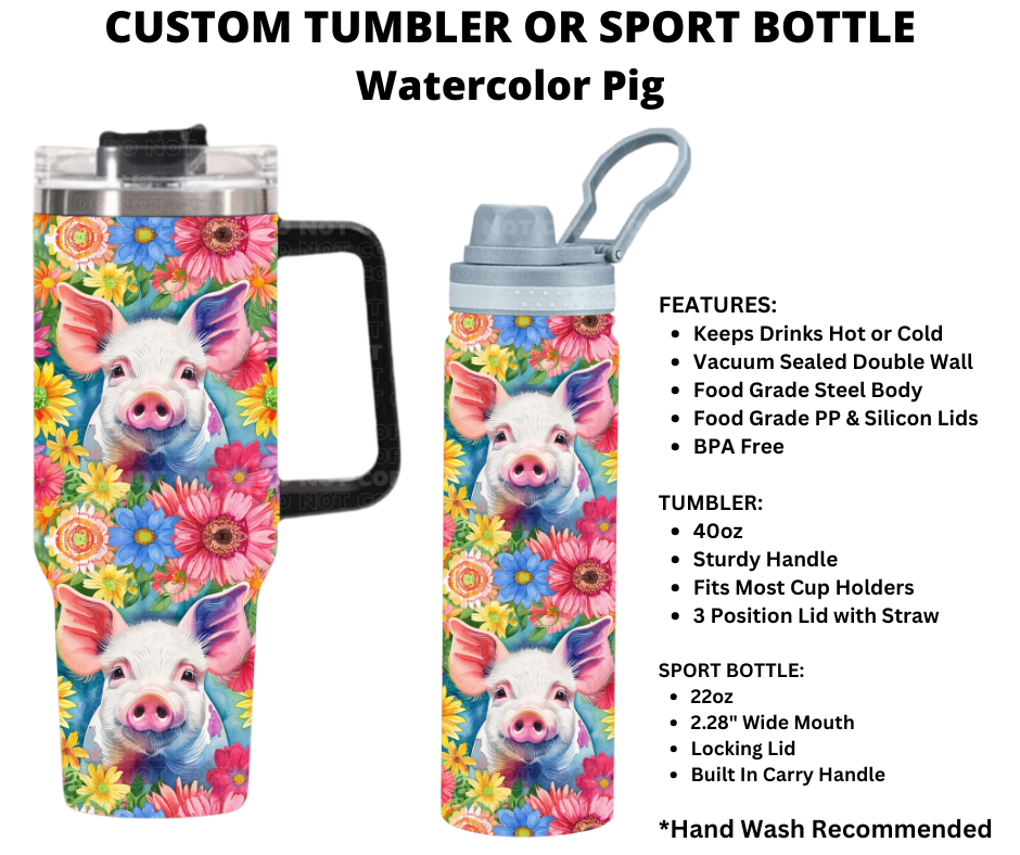 Watercolor Pigs Custom Tumbler or Sport Bottle