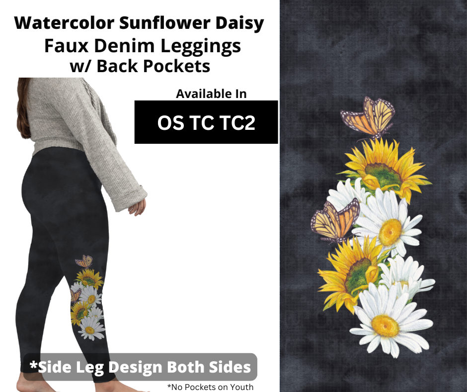 Watercolor Sunflower Daisy Full Length Leggings w/ Side Leg Designs