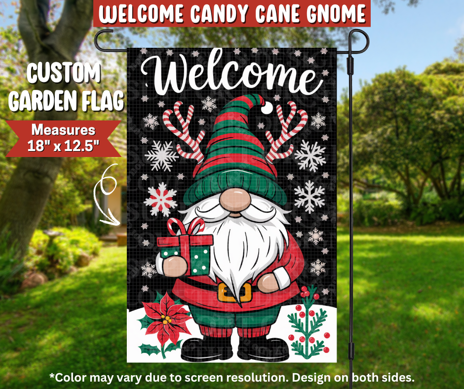 Welcome Candy Cane Gnome Garden Flag