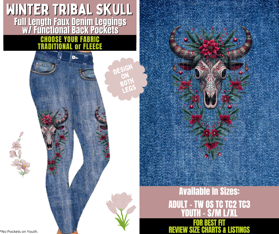 Preorder! Closes 10/8. ETA Dec. Winter Tribal Skull Leggings w/ Side Leg Designs Choose Fleece or Traditional