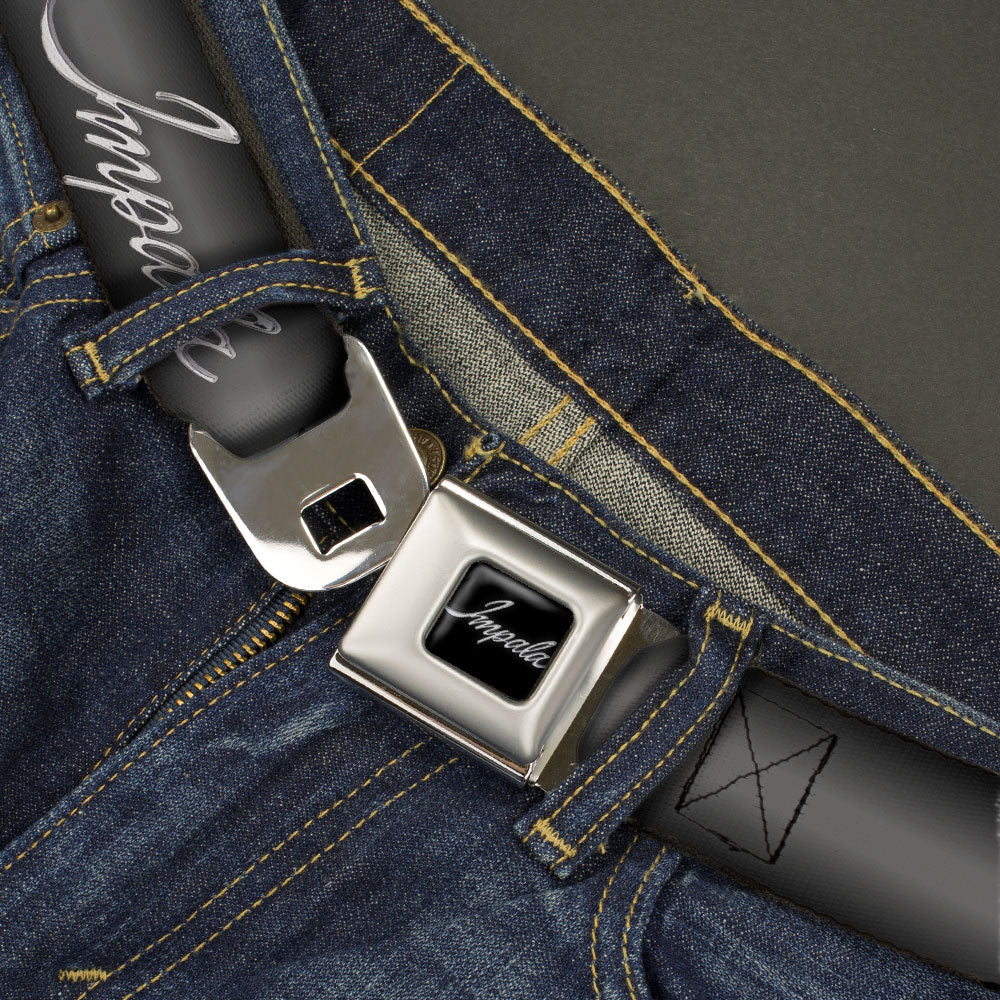 IMPALA Script Emblem Full Color Black Silver Seatbelt Belt - IMPALA Script Emblem Gray Fade/Silver Webbing