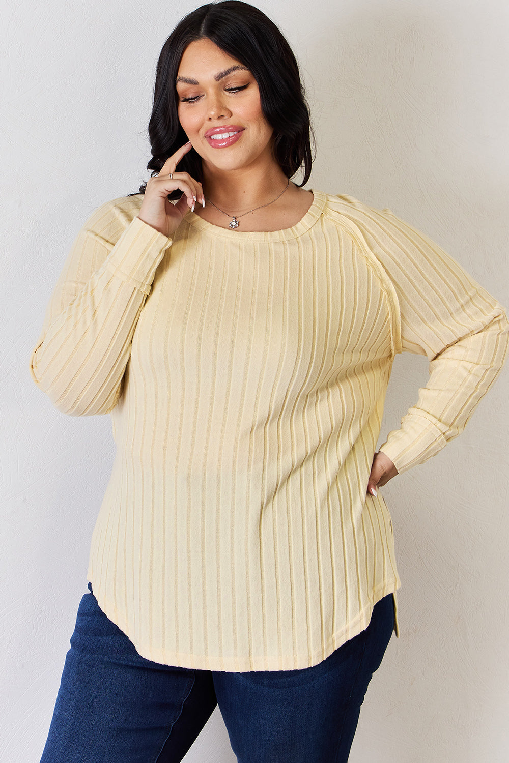 Basic Bae Ribbed Round Neck Slit T-Shirt