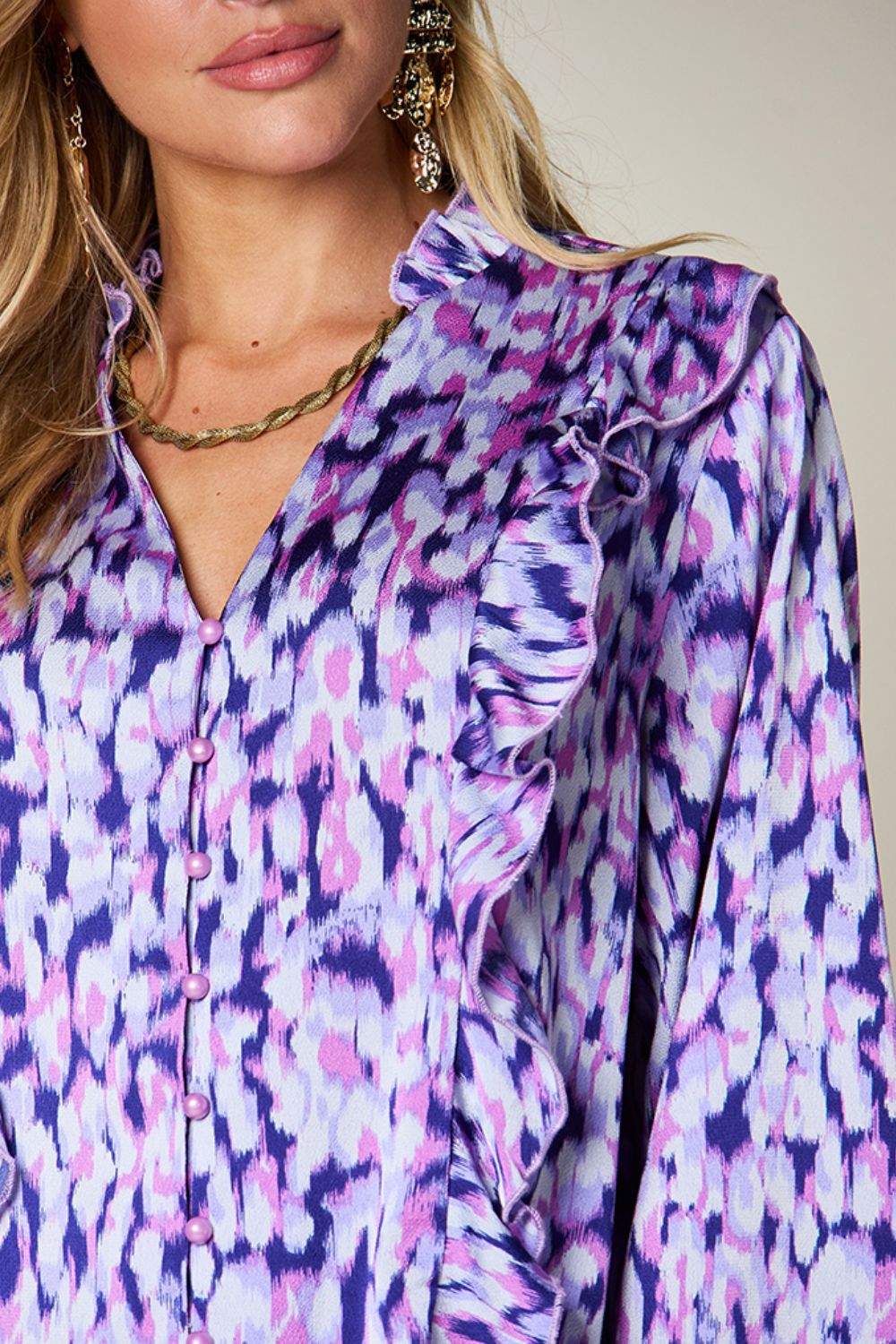 Double Take Printed Ruffle Trim Balloon Sleeve Shirt