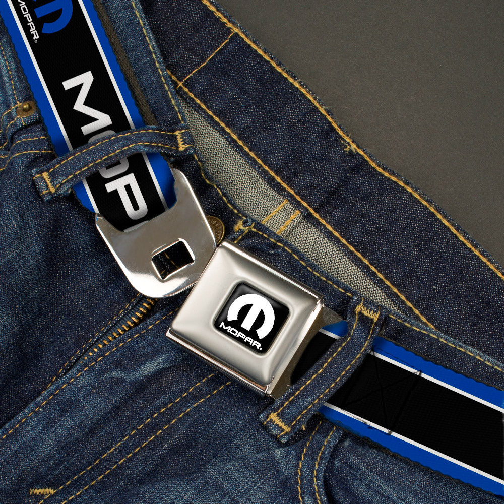 MOPAR Logo Full Color Black White Seatbelt Belt - MOPAR Text/Logo/Stripe Blue/White/Black Webbing