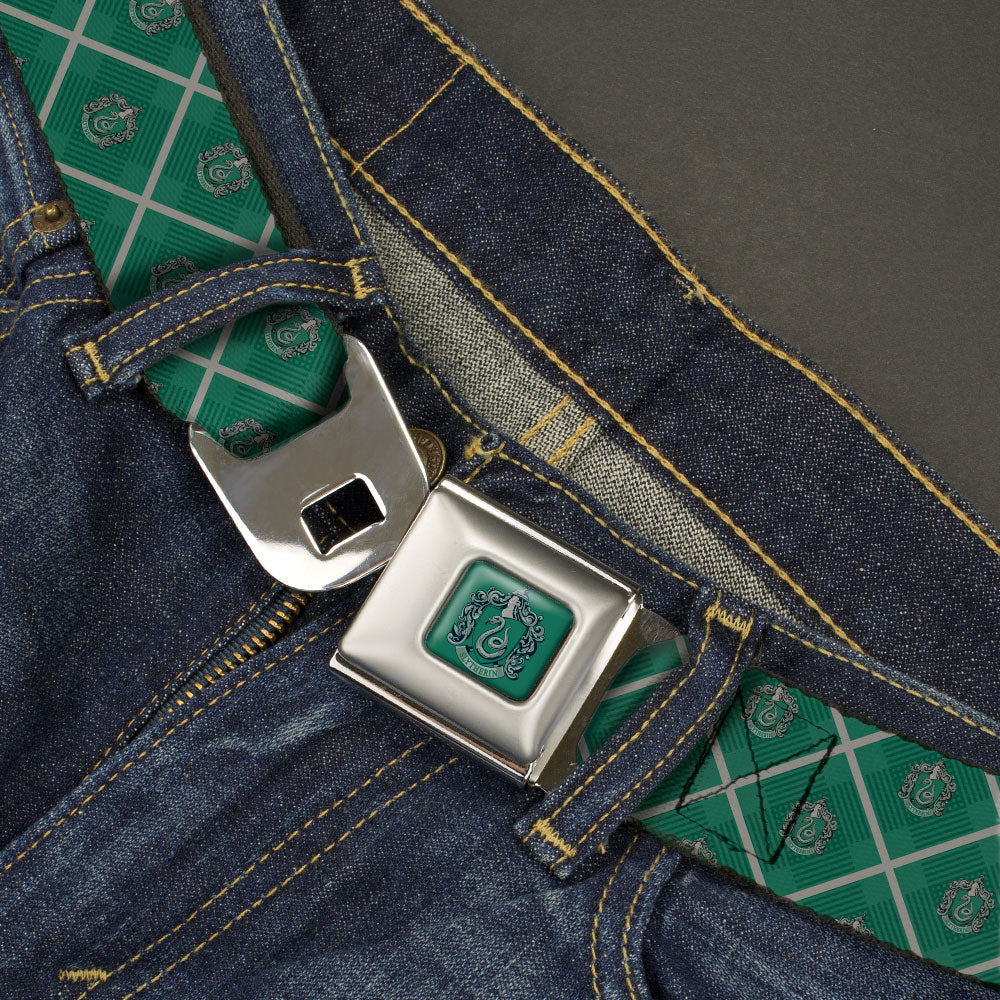 SLYTHERIN Crest Full Color Green Seatbelt Belt - Harry Potter Slytherin Crest Plaid Greens/Gray Webbing