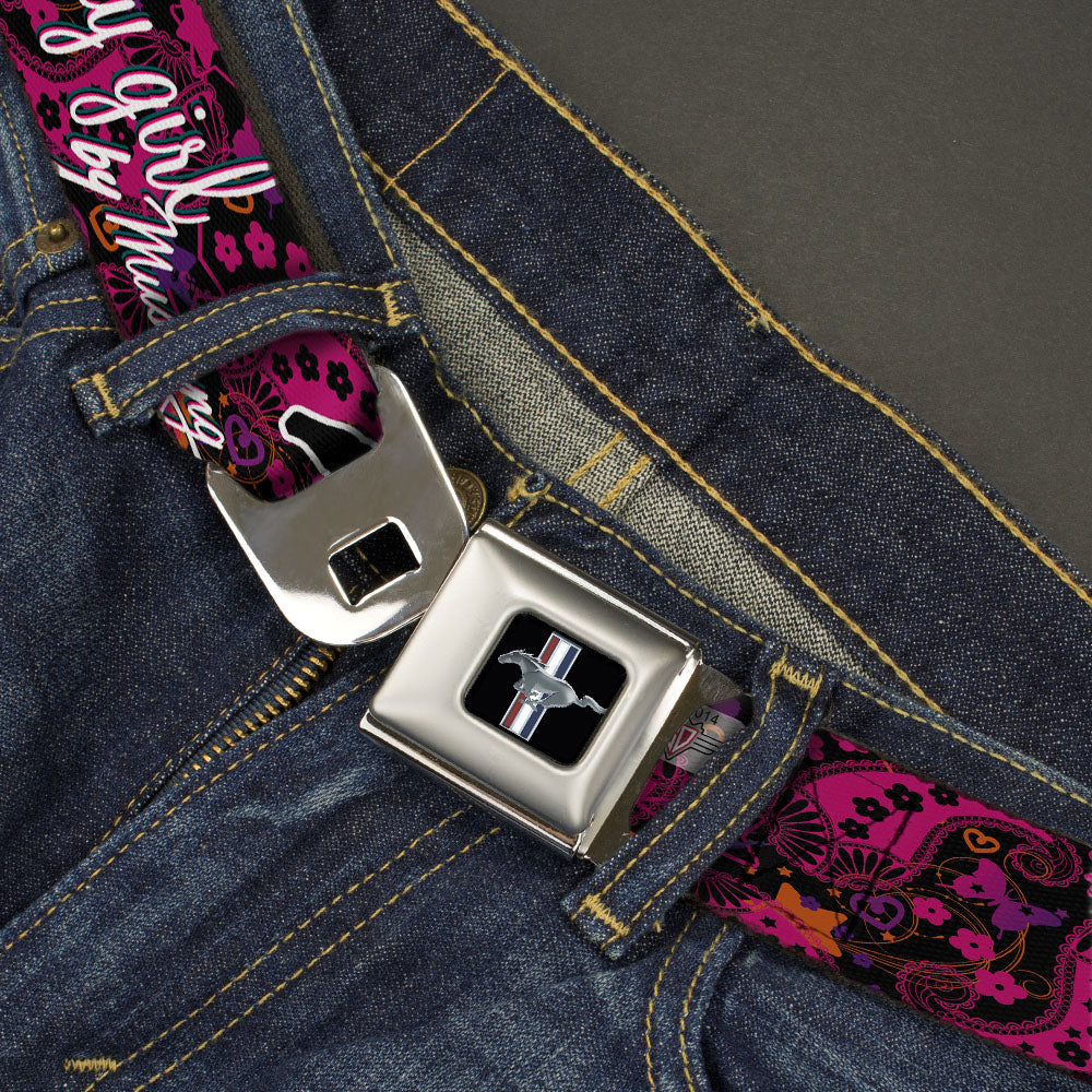 Ford Mustang Emblem Seatbelt Belt - Mustang PONY GIRL/Floral Collage Black/Pinks/White Webbing