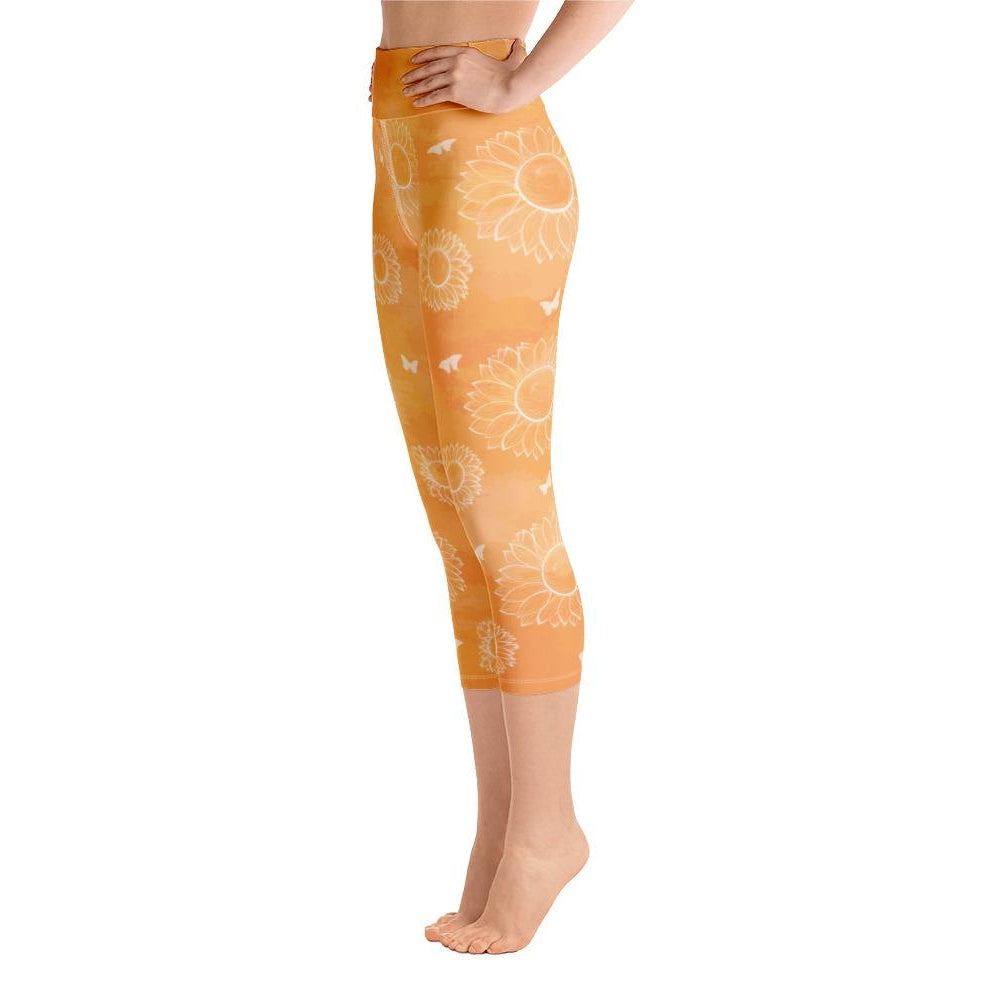 Sunny Bloom Capri Leggings with Pockets – Sunflower & Butterfly Print