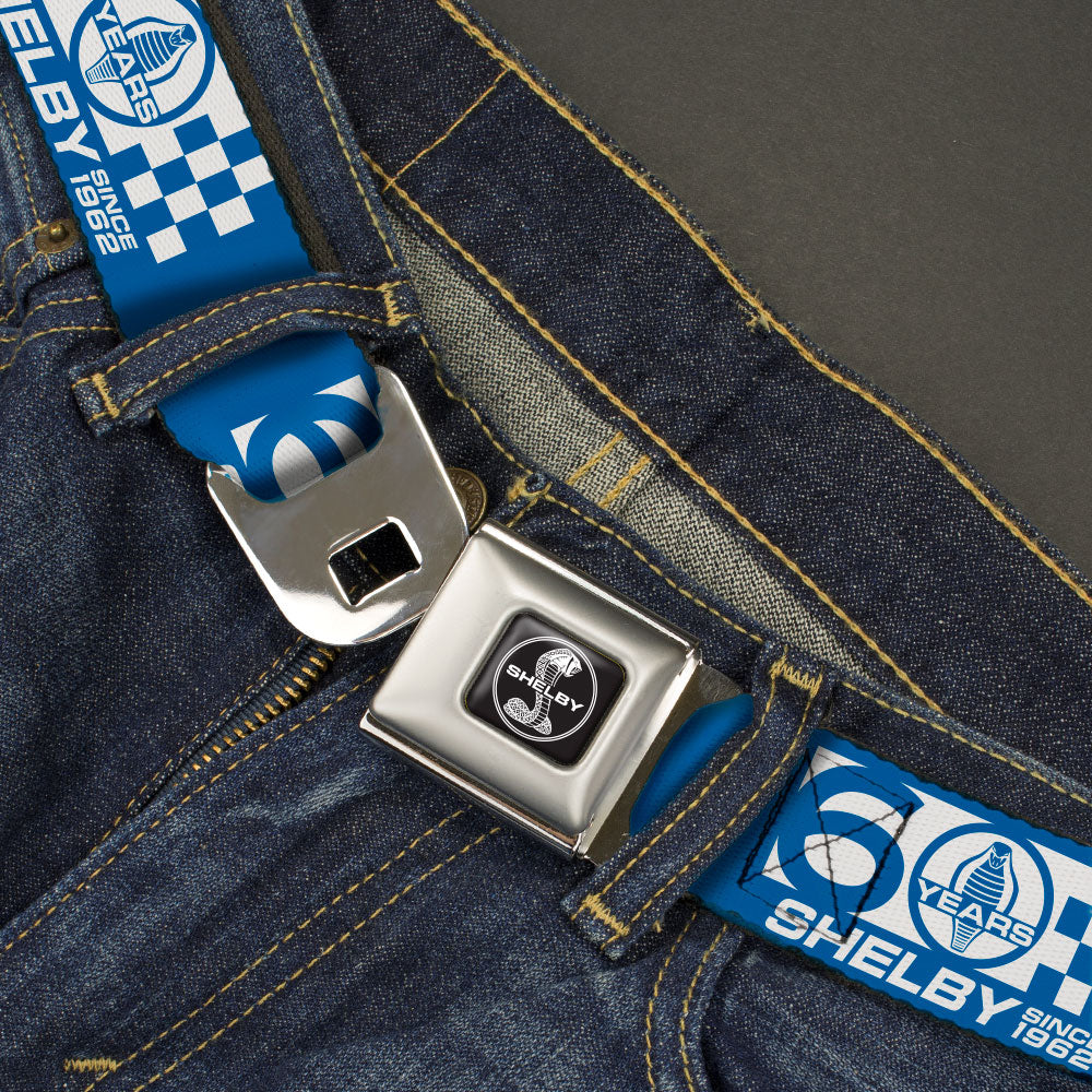 SHELBY Tiffany Split Full Color Black/White Seatbelt Belt - SHELBY 60 YEARS SINCE 1962 Checker Blue/White Webbing