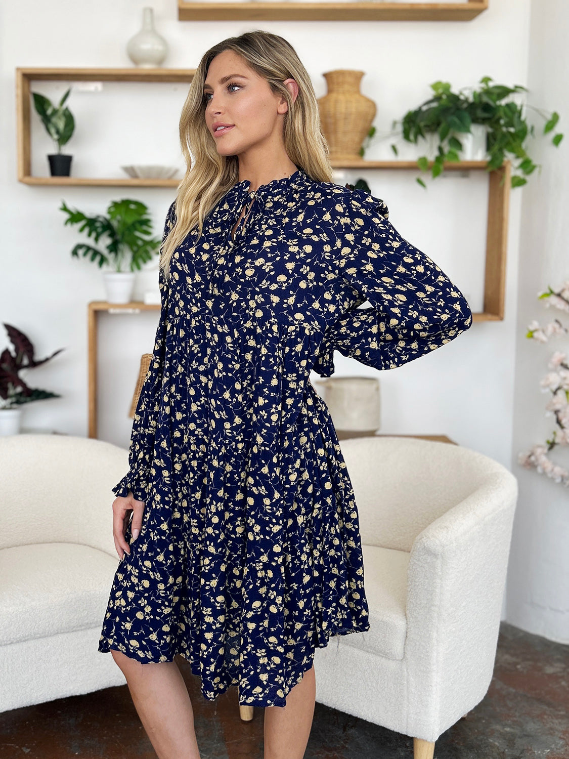 Double Take Printed Ruffle Hem Long Sleeve Tiered Dress