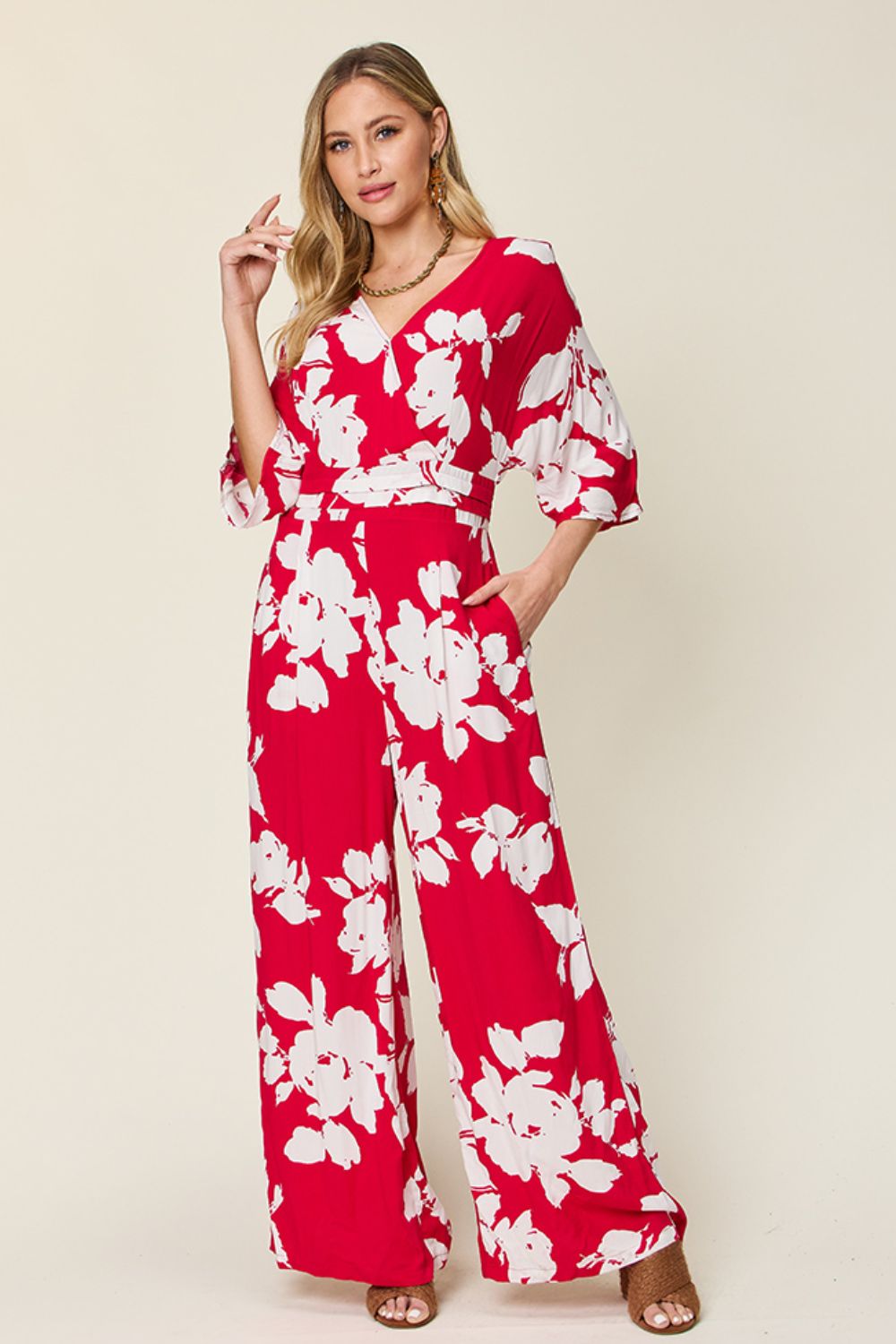 Double Take Printed Tie Back Wide Leg Jumpsuit