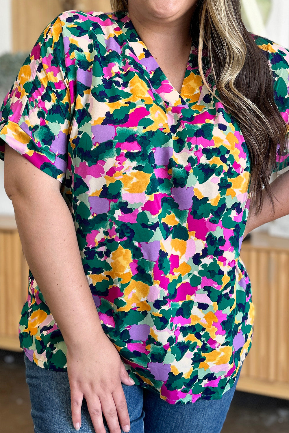 Double Take Printed V-Neck Short Sleeve Blouse